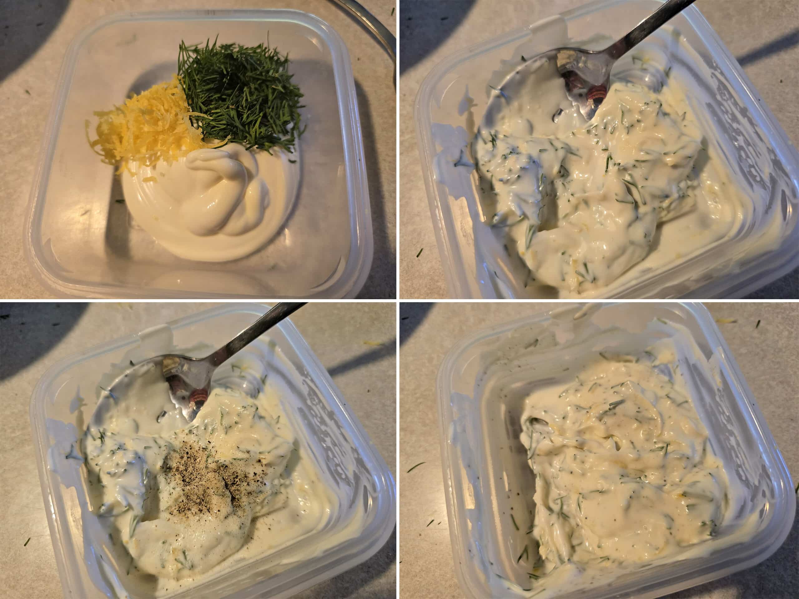 4 part image showing the lemon dill mayonnaise being mixed.