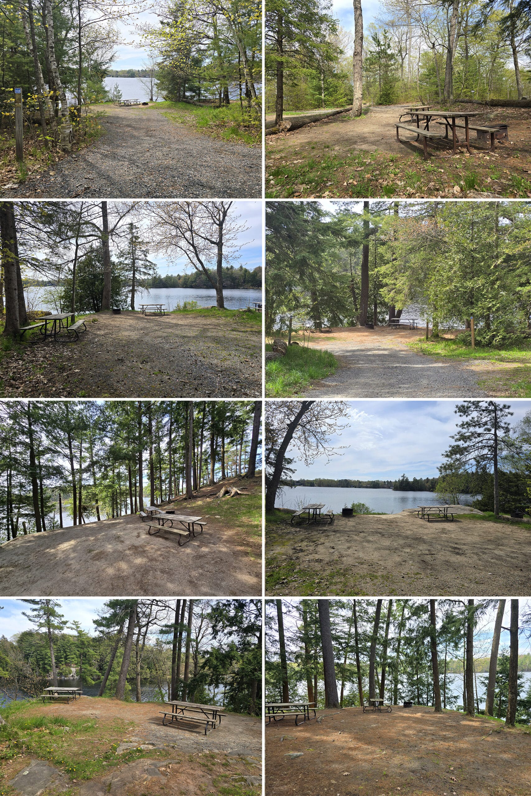 8 part image showing various campsites in the lakeview campgrounds at Oastler Lake Provincial Park.