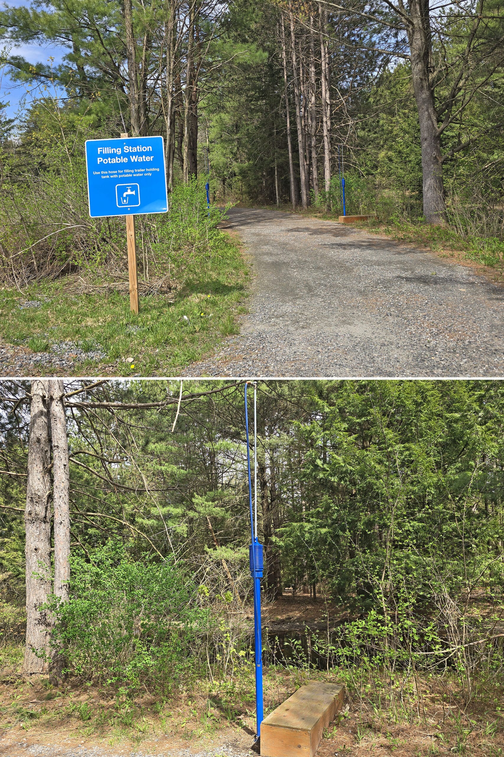 3 part image showing a potable water station next to a stream.