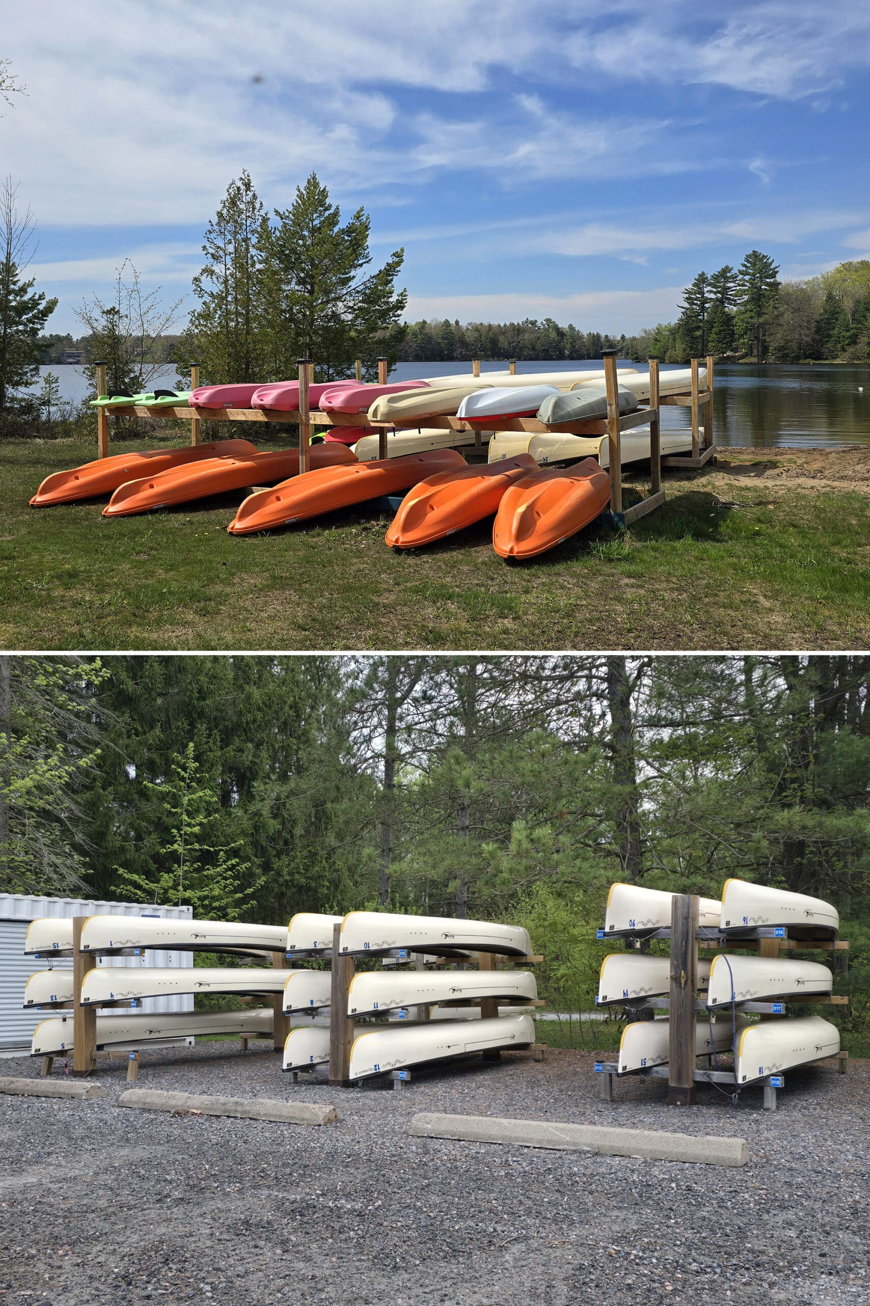 2 part image showing racks of rental canoes and kayaks at Oastler Lake Provincial Park.