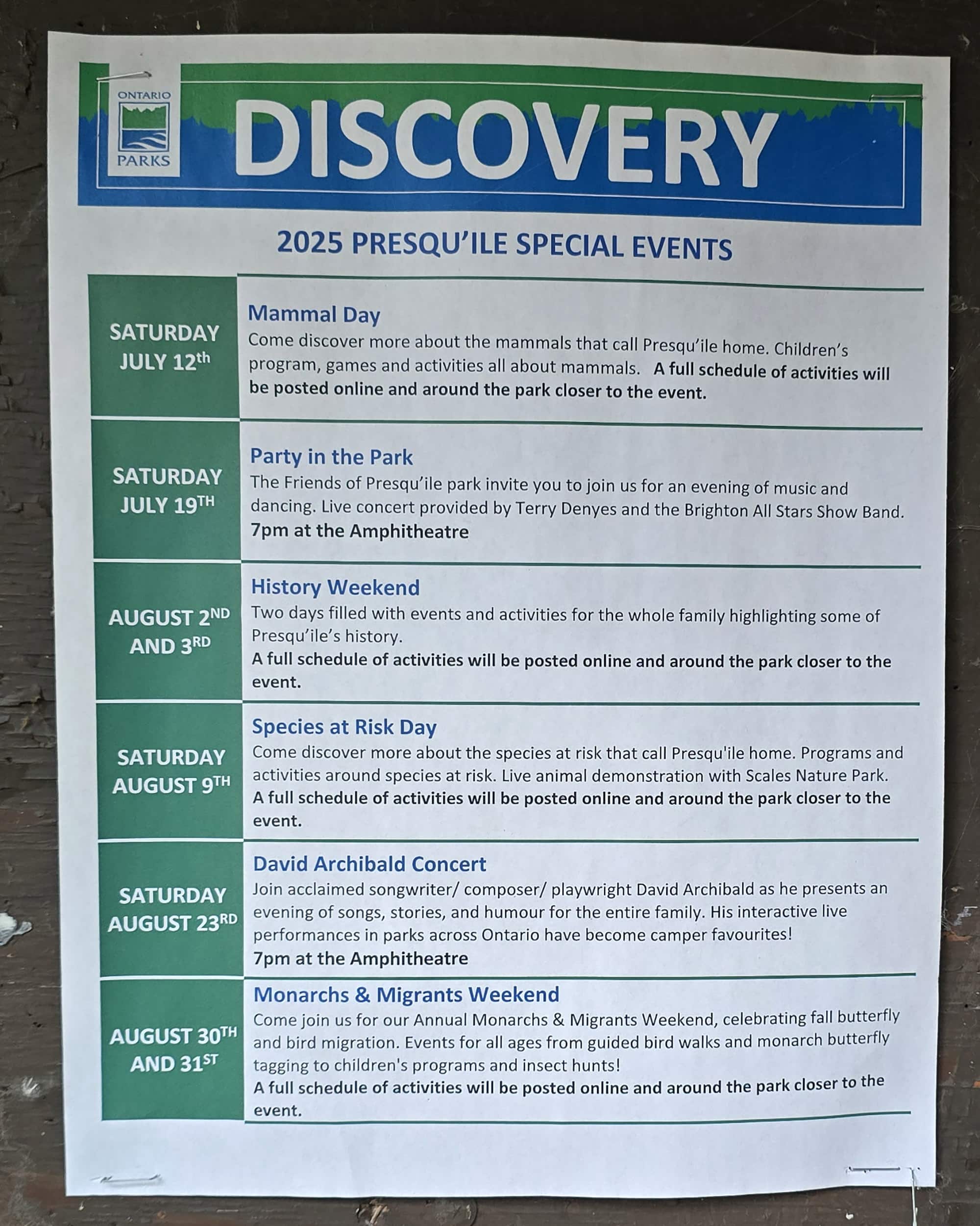 Photo of a programming schedule for the Discovery Program at Presquile Provincial Park.