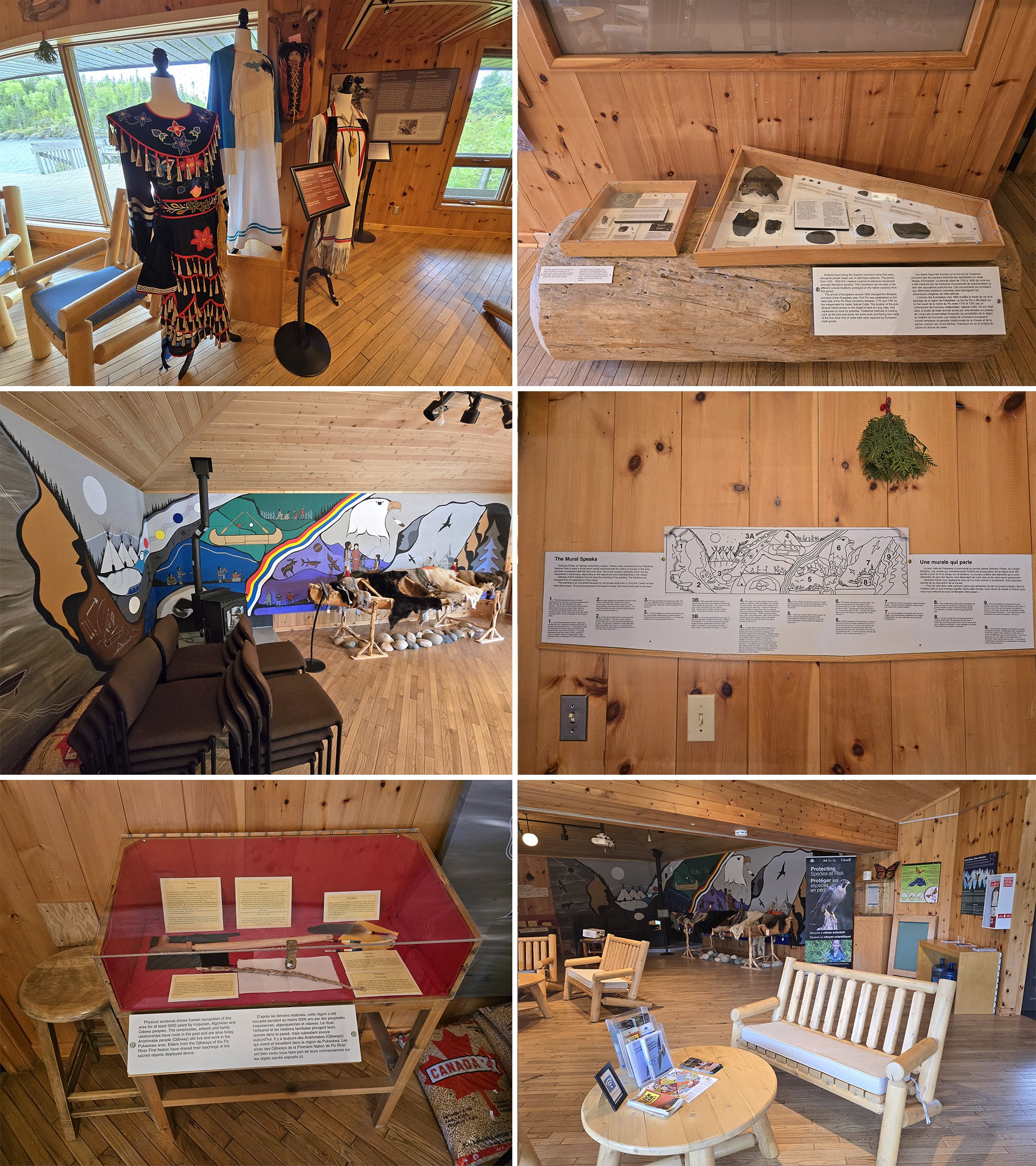 6 part image showing the Pukaskwa National Park Visitor Centre.