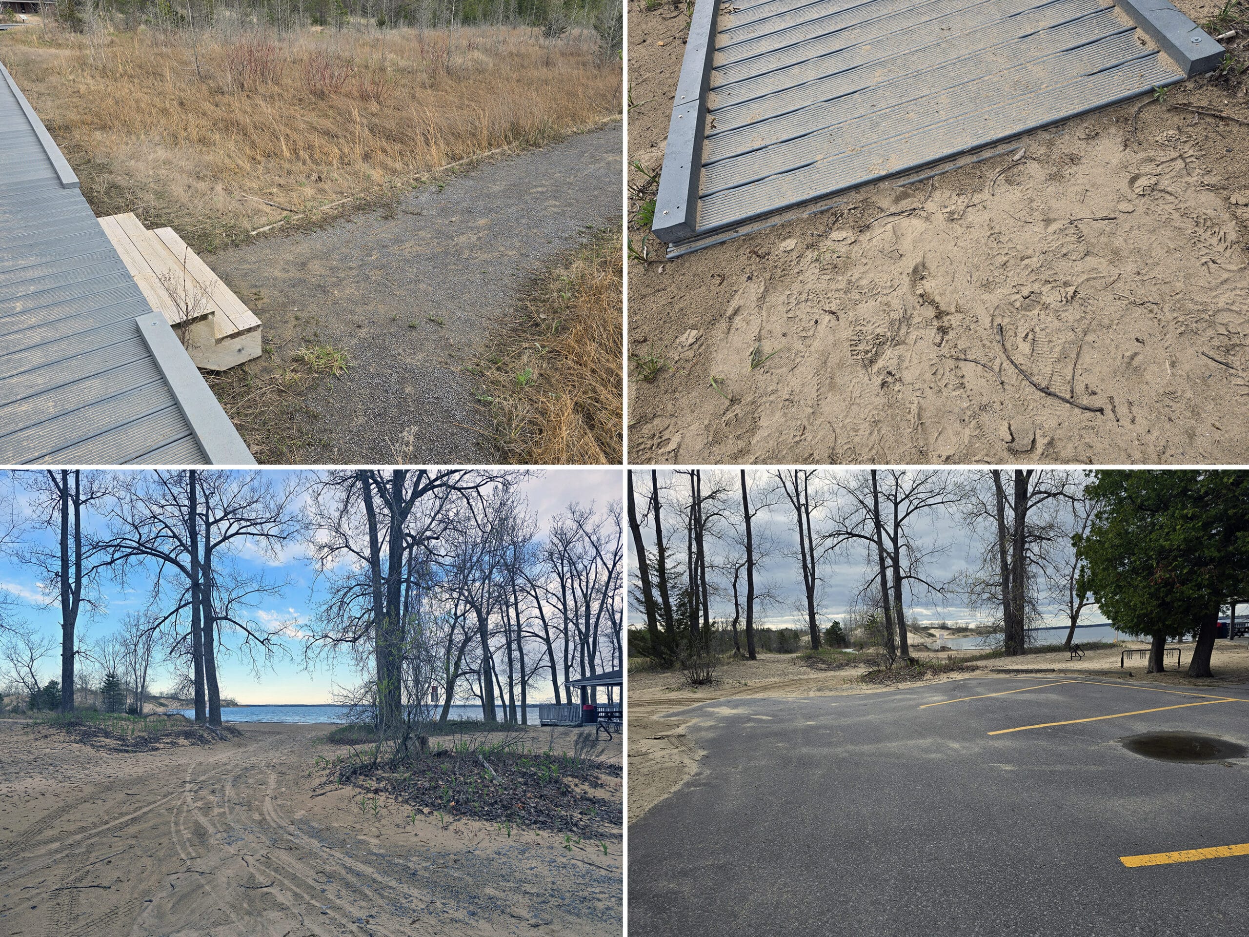 4 part image showing steps down from a boardwalk on Sandbanks Provincial Park barrier free trail.
