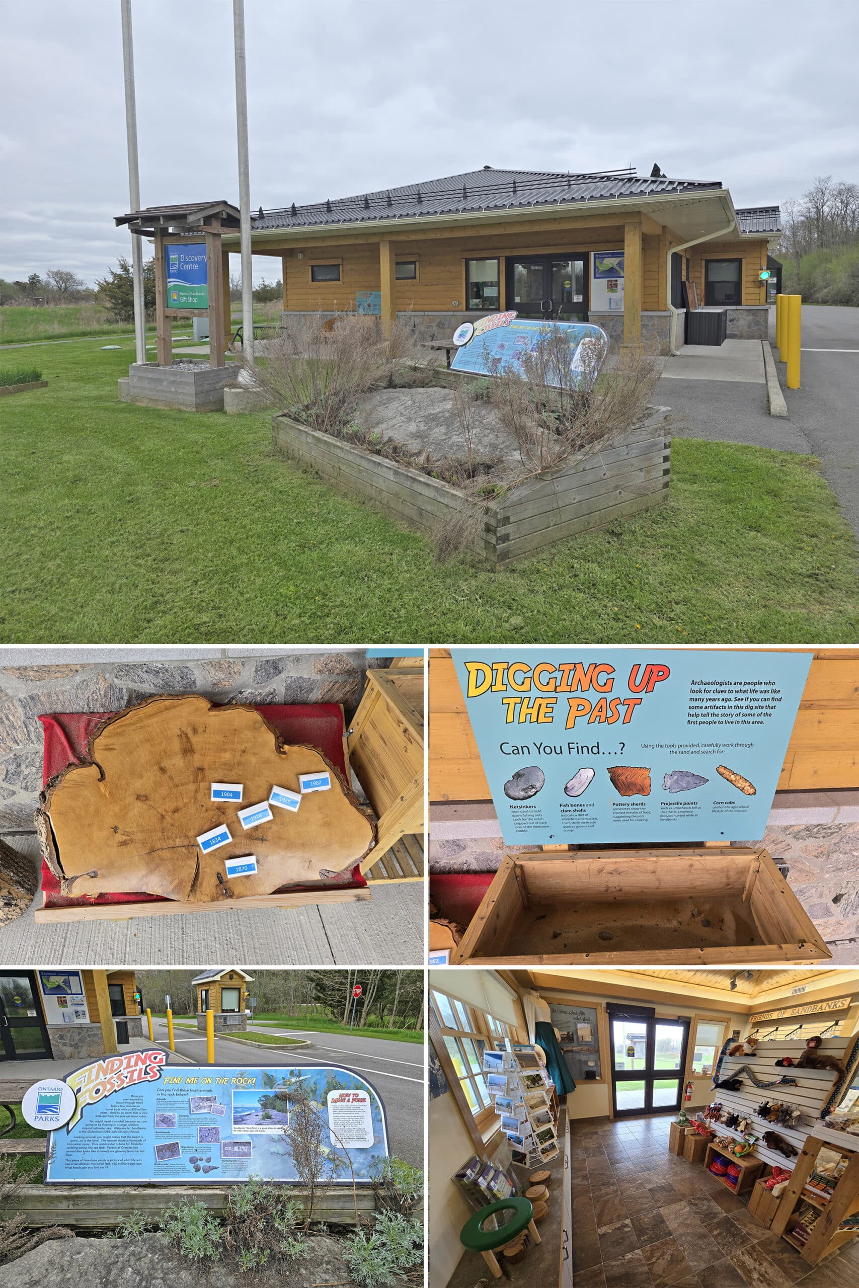 4 part image showing the west gate discovery centre at sandbanks provincial park, as well as a few of the displays.