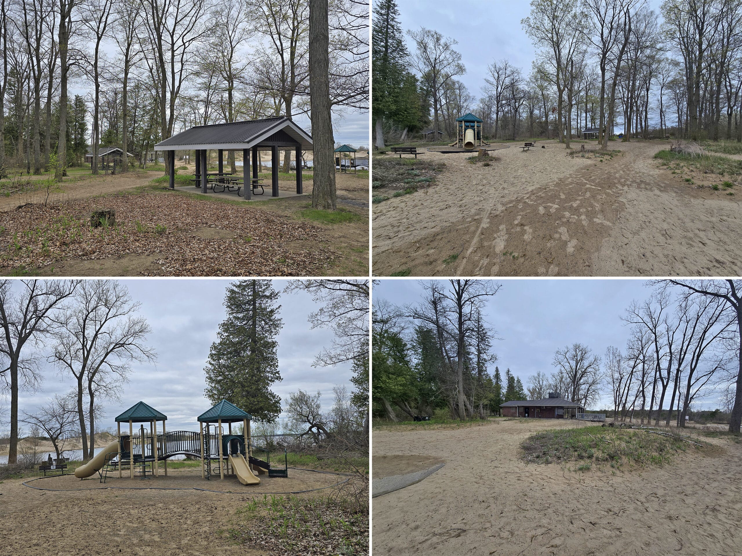 4 part image showing the Dunes Beach Day Use area at Sandbanks Provincial Park.