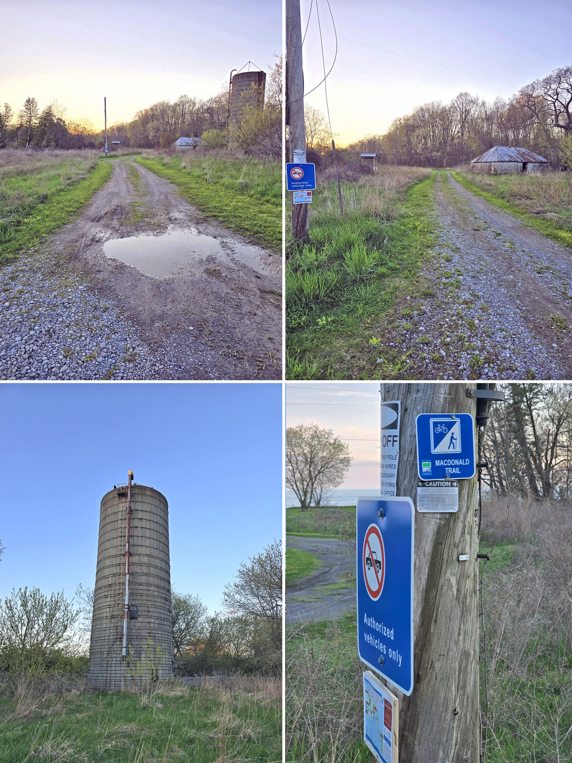 4 part image showing various views of the macdonald trail at sandbanks provincial park.