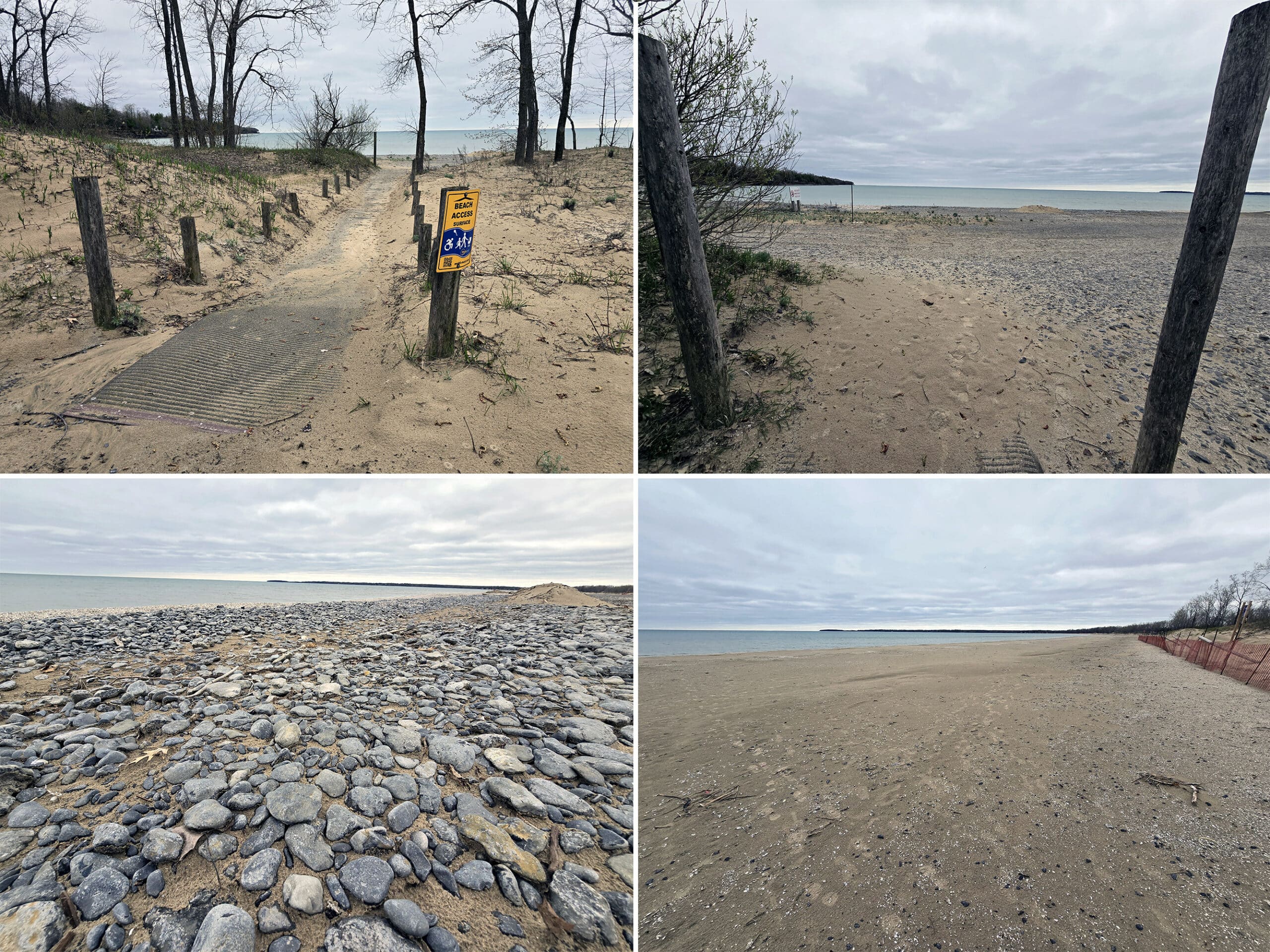 4 part image showing various views of the outlet river campground beach at sandbanks provincial park.