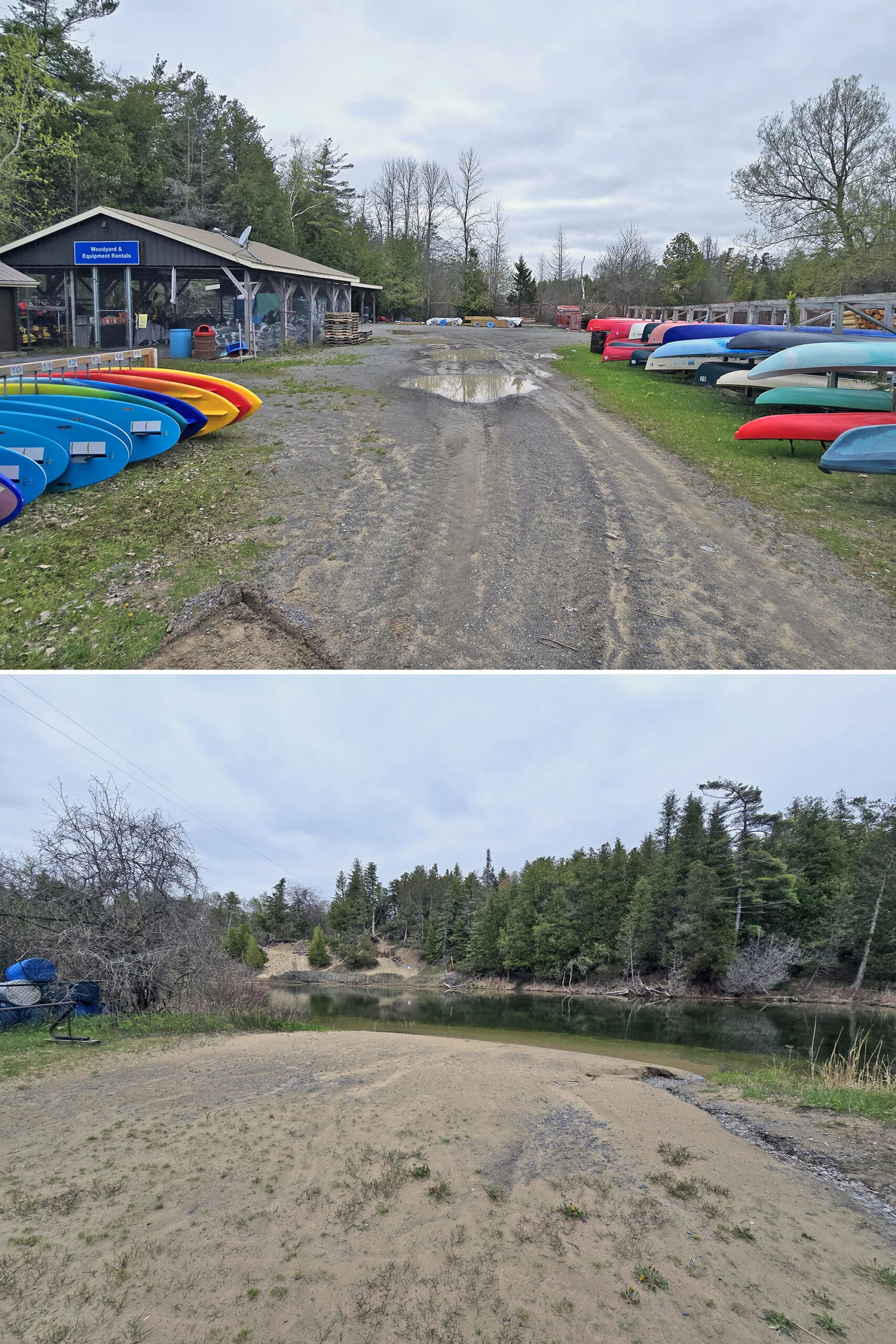 2 part image showing a yard of rental canoes, and a rustic canoe launch.