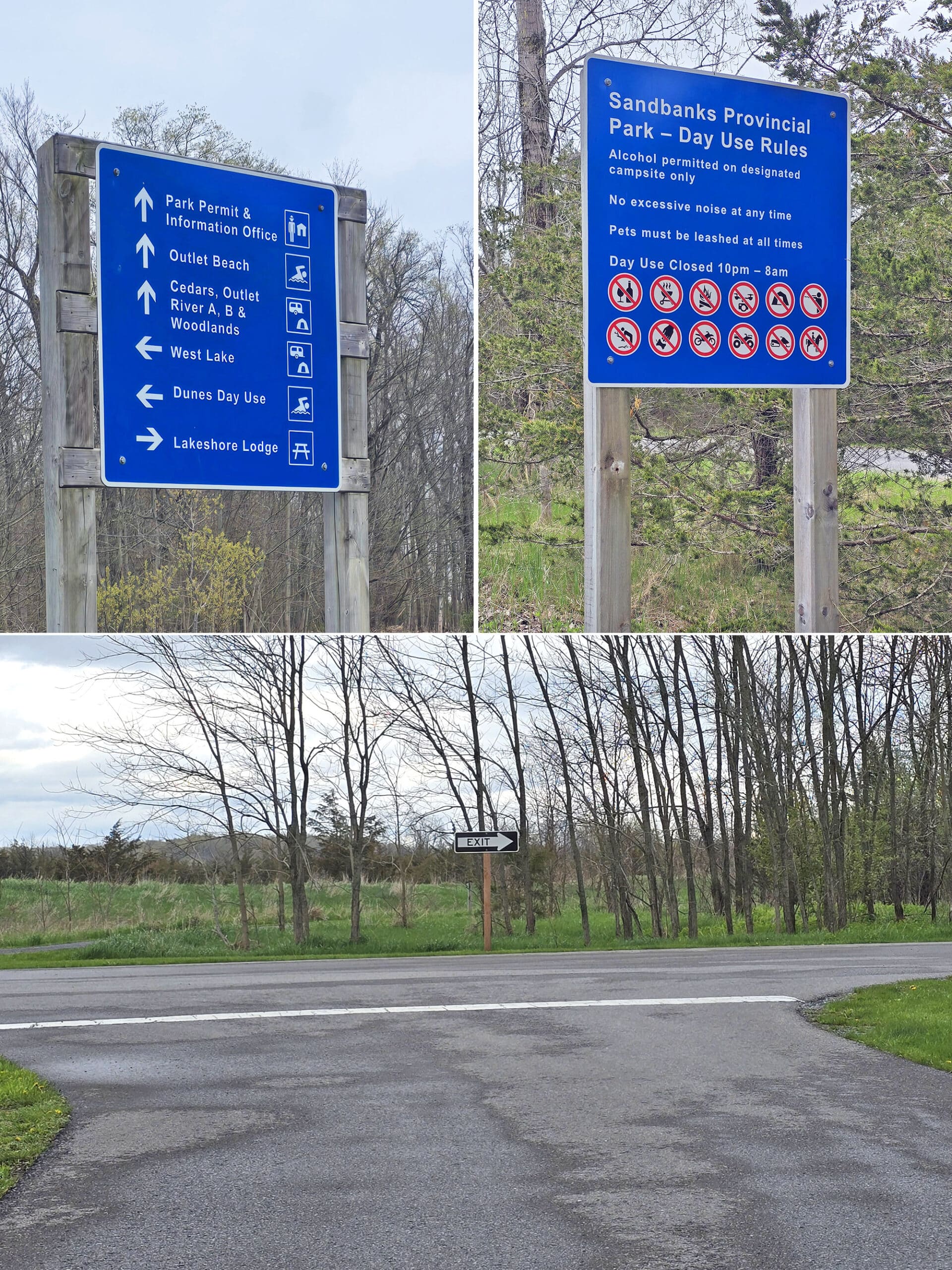 2 part image showing different signage examples at sandbanks provincial park.