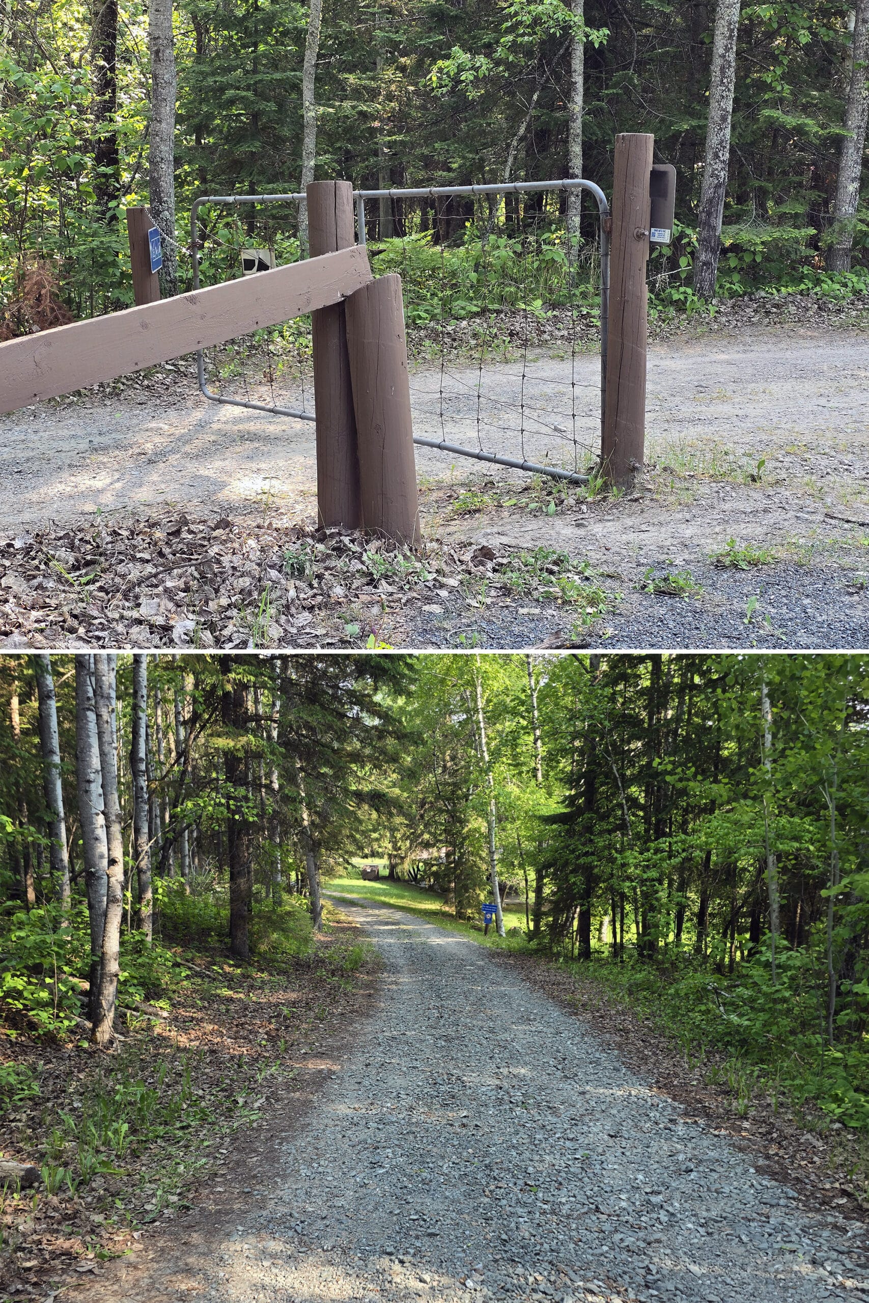 2 part image showing a gated road with a small path allowing access, and a steep road down.
