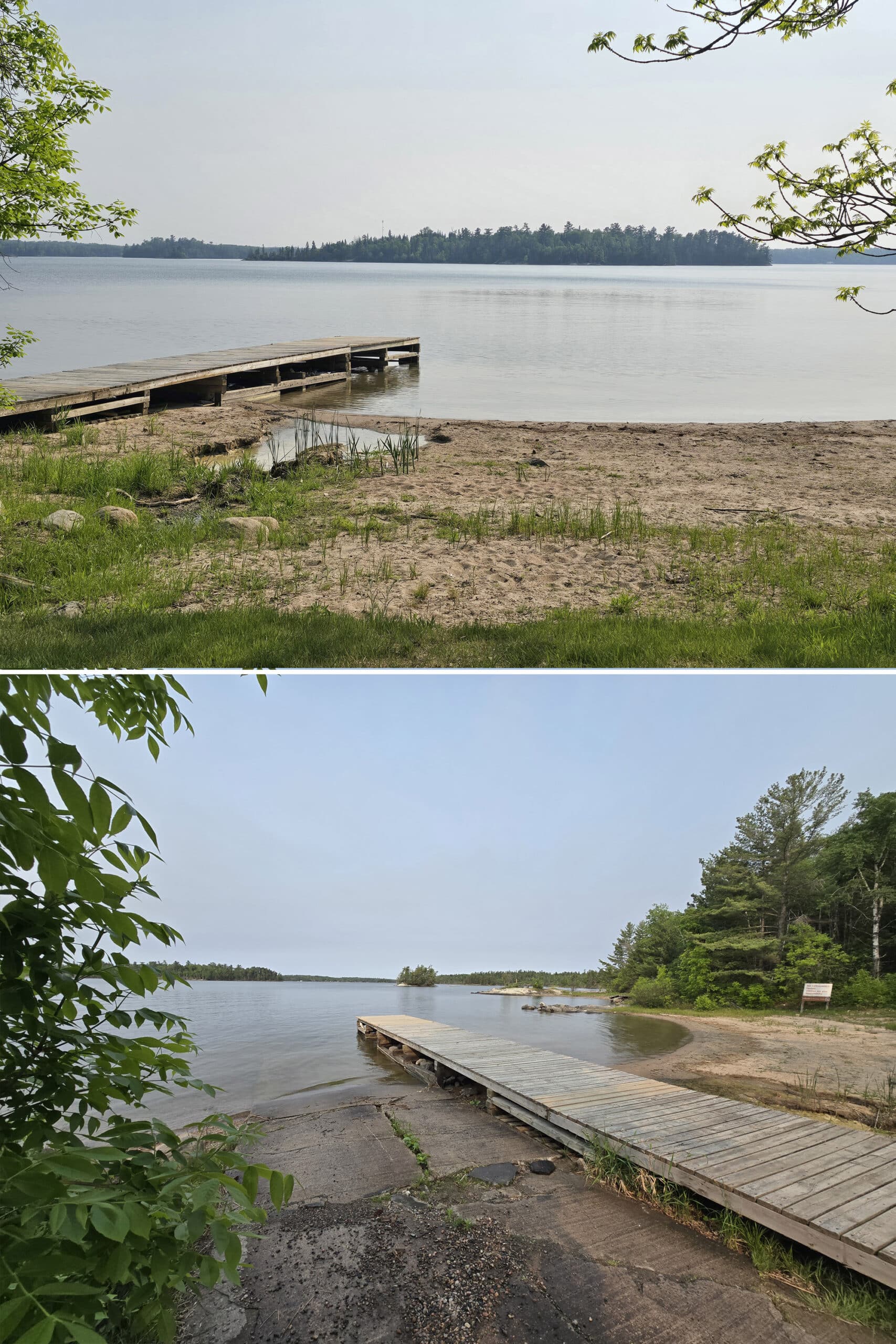 2 part image showing the boat launch at Sioux Narrows Provincial Park.