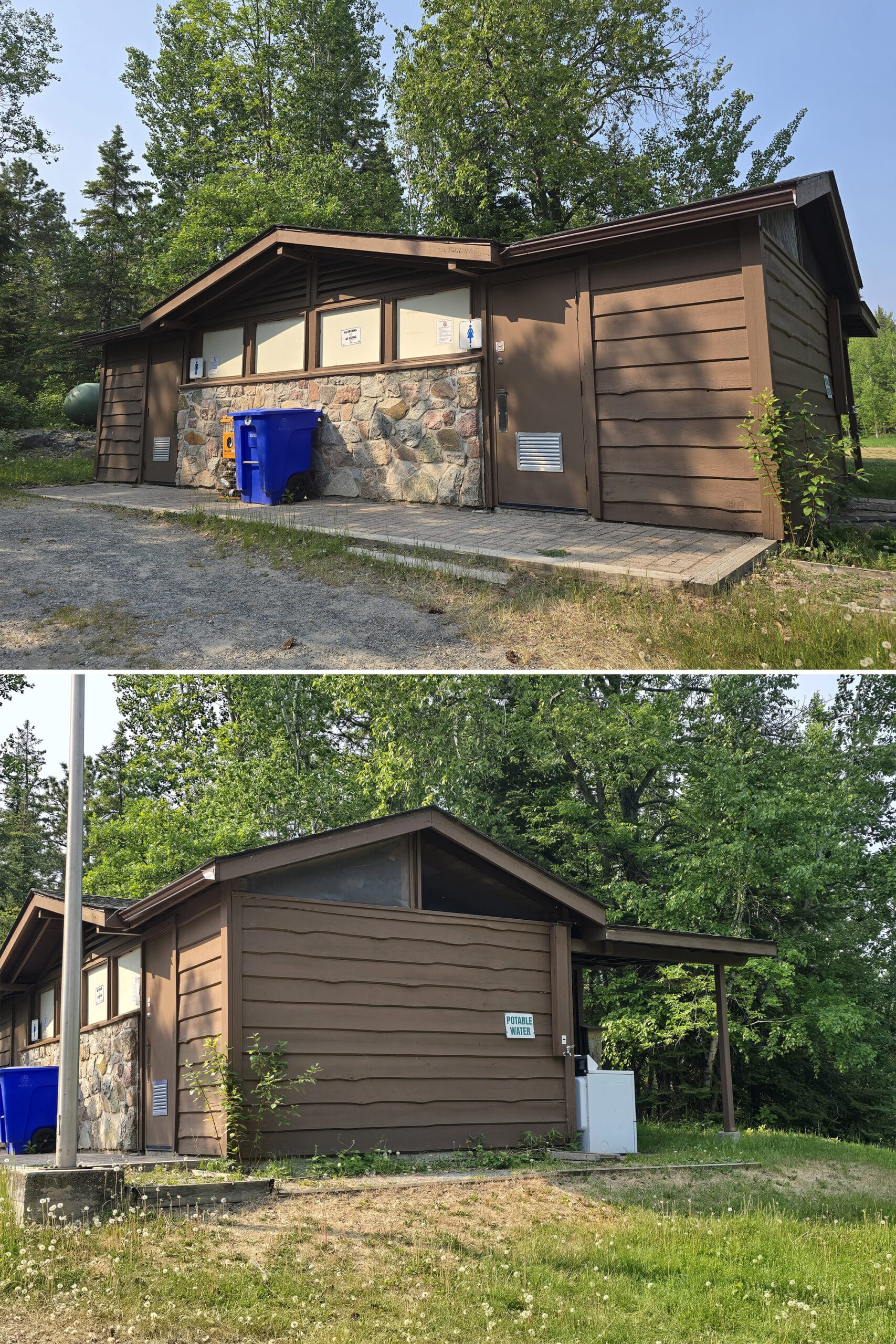 2 part image showing front and side views of the main comfort station at Sioux Narrows Provincial Park, including the outdoor laundry facilities.