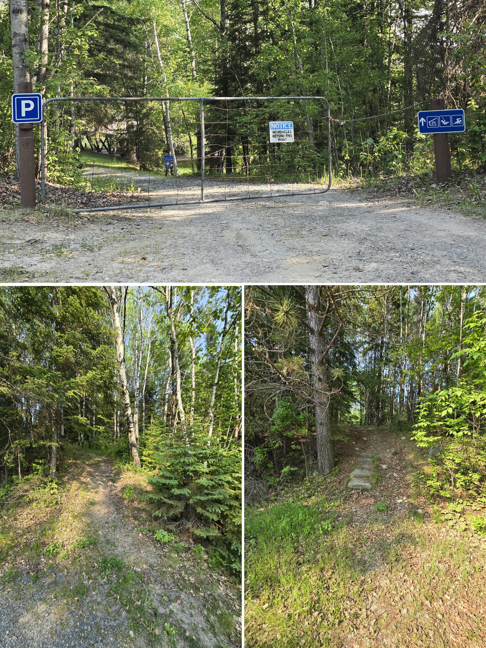 3 part image showing a gated road and two steep trails.