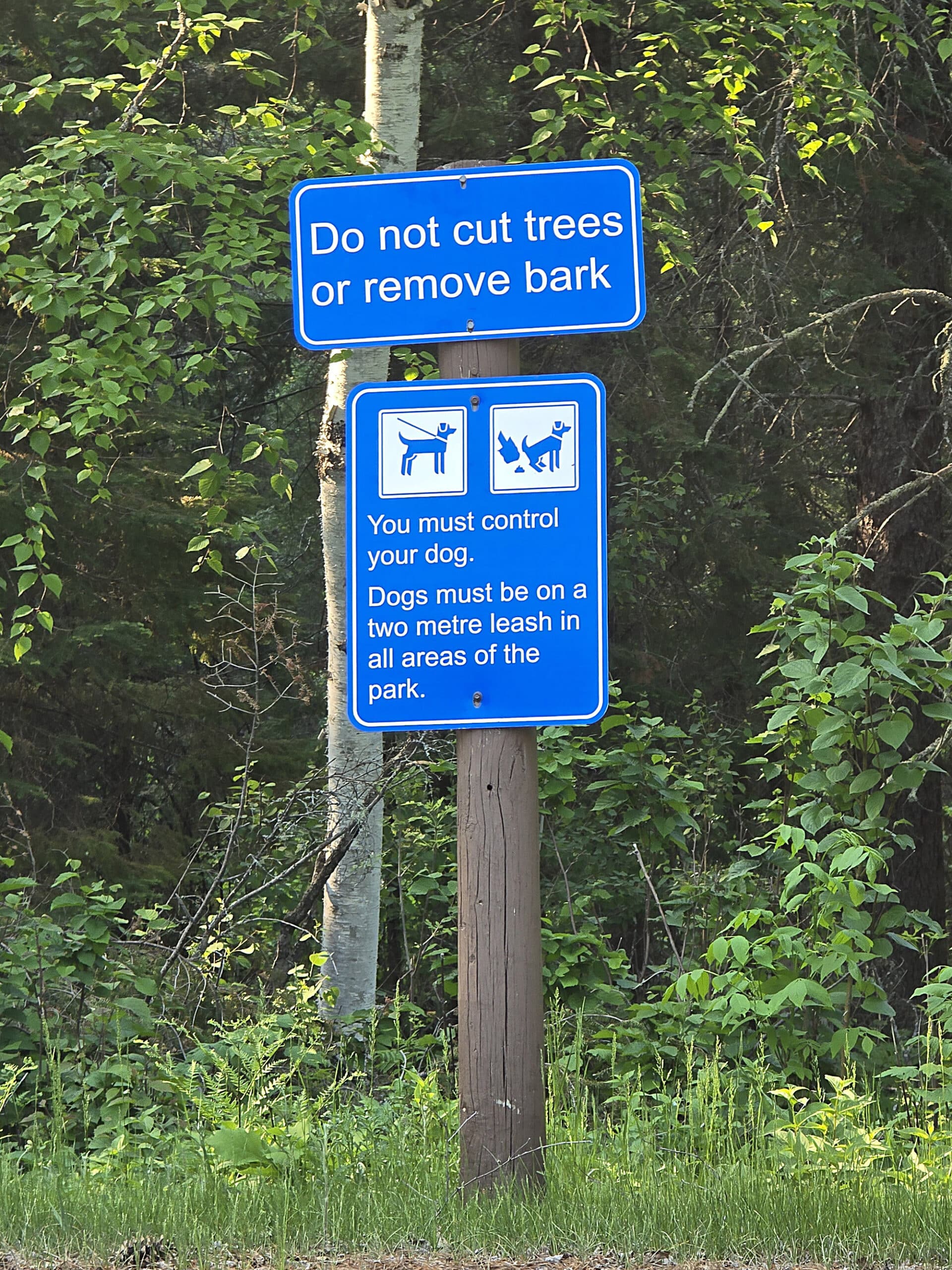 A road sign telling people not to remove bark, and to keep control of their dogs.