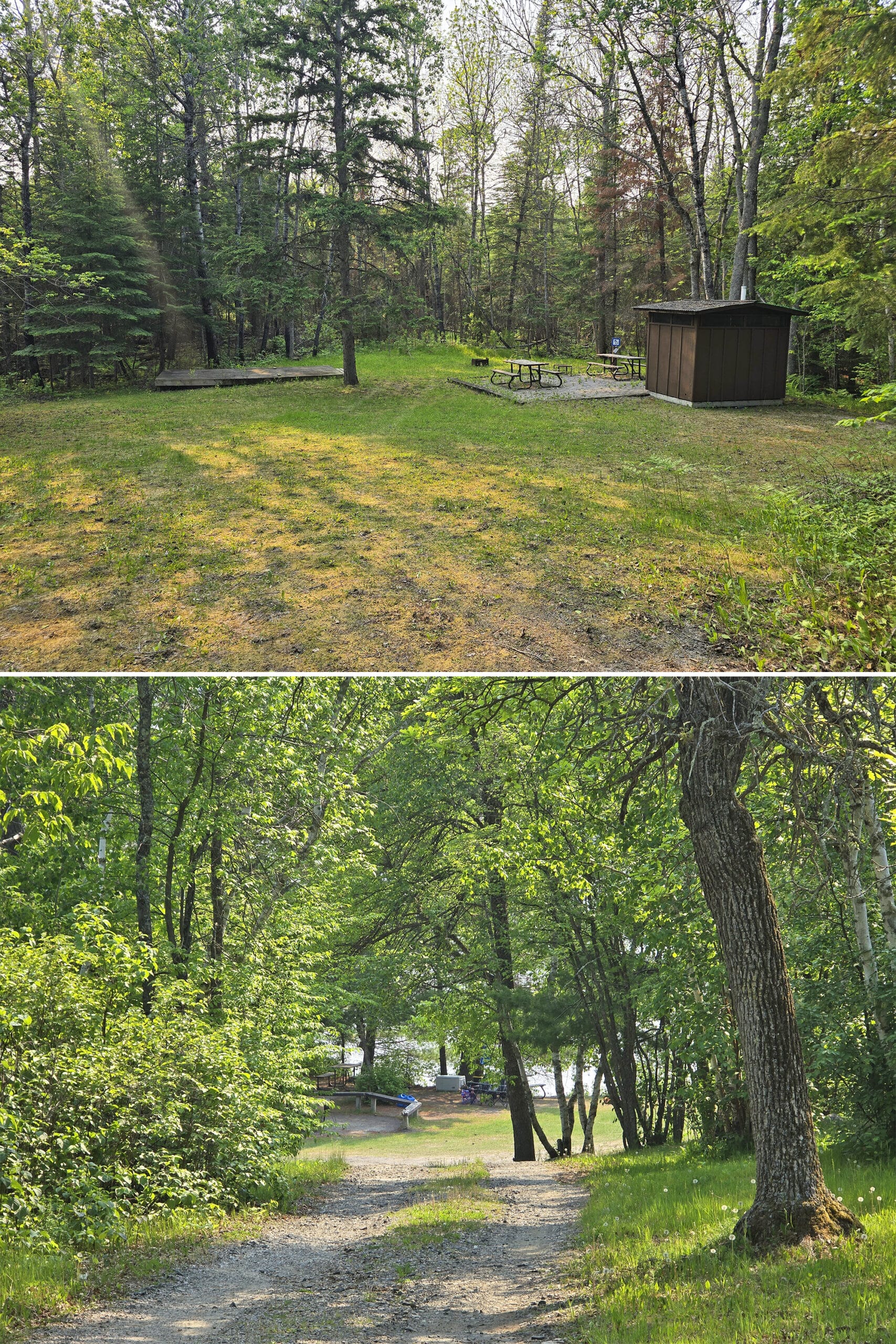 2 part image showing the group campsites at Sioux Narrows Provincial park.