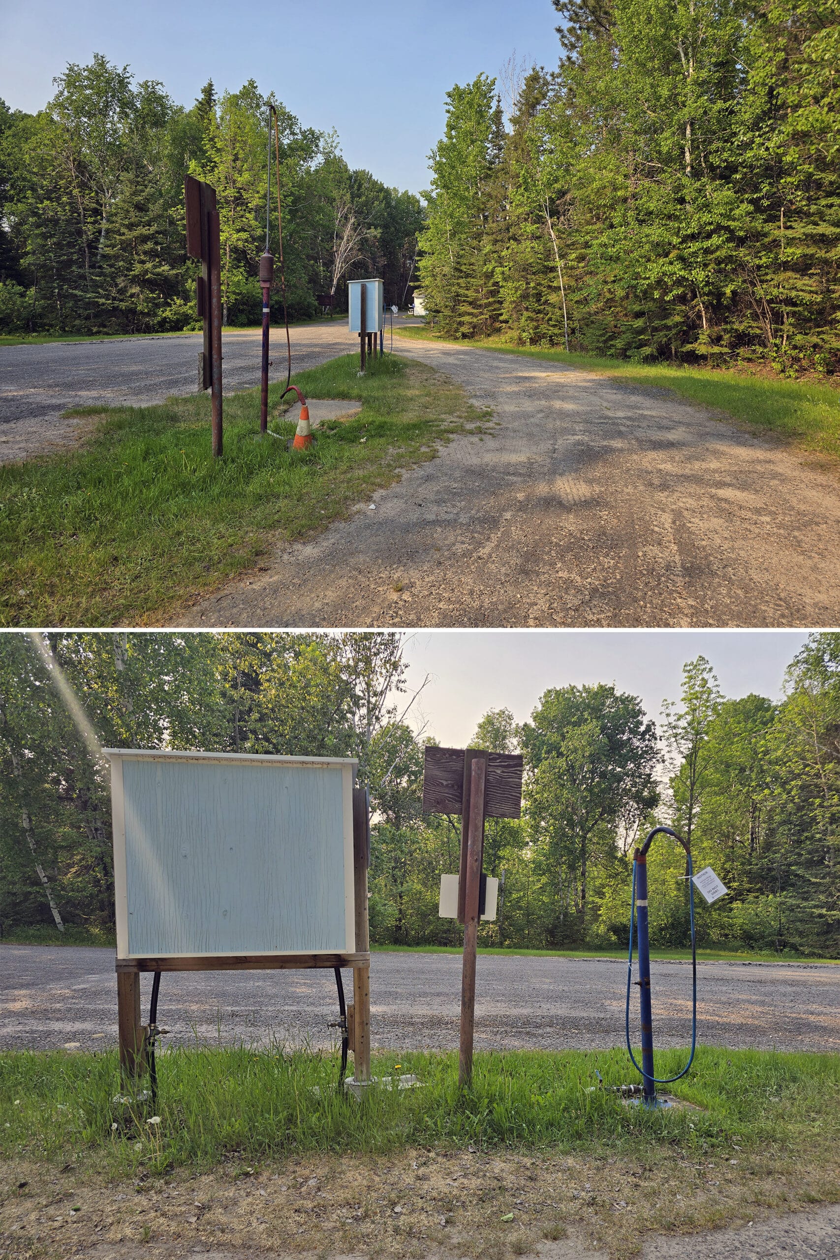 2 part image showing the trailer sanitation and fill station at Sioux Narrows Provincial park.