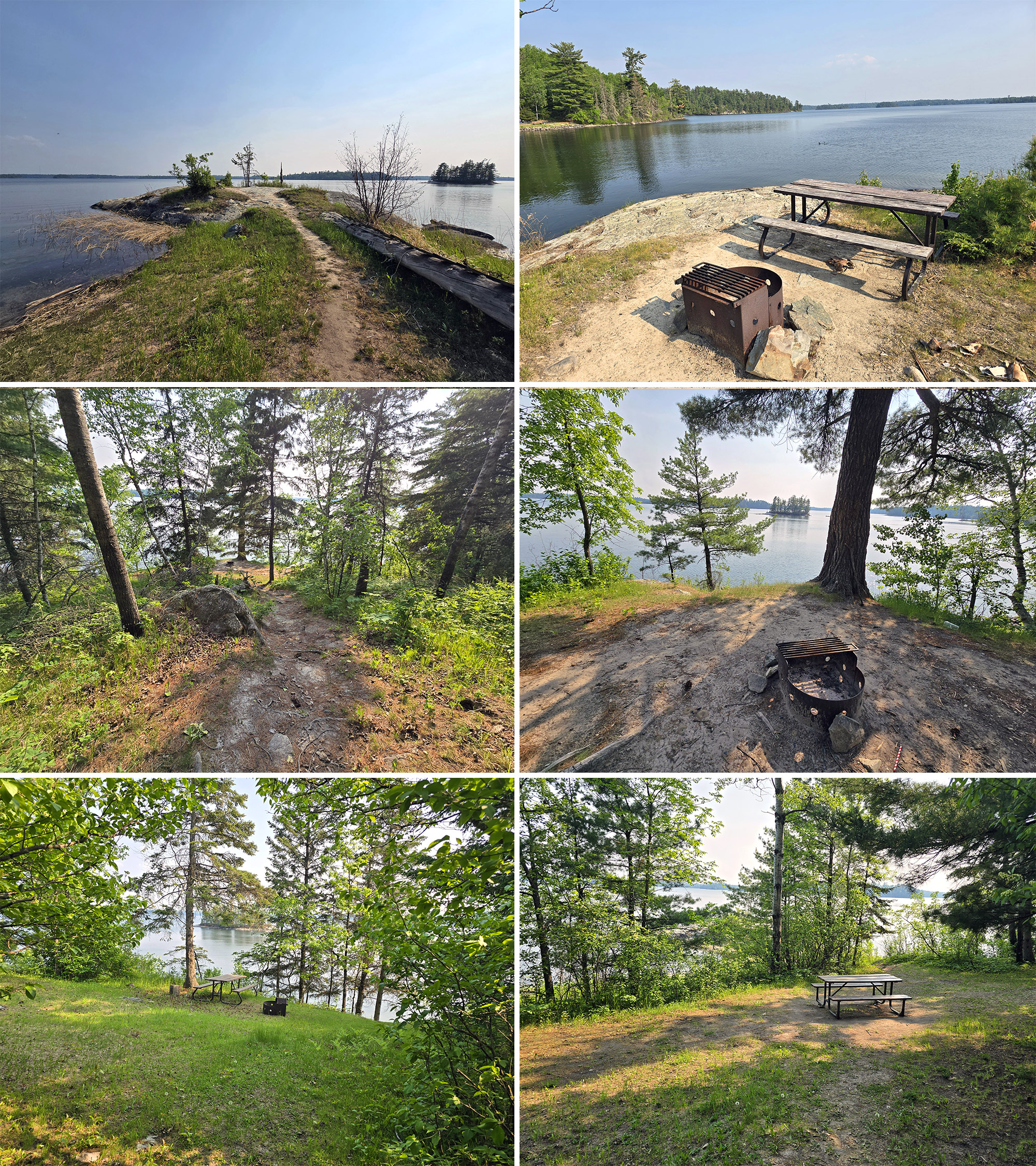 6 part image showing various waterfront walk in campsites at sioux narrows provincial park.