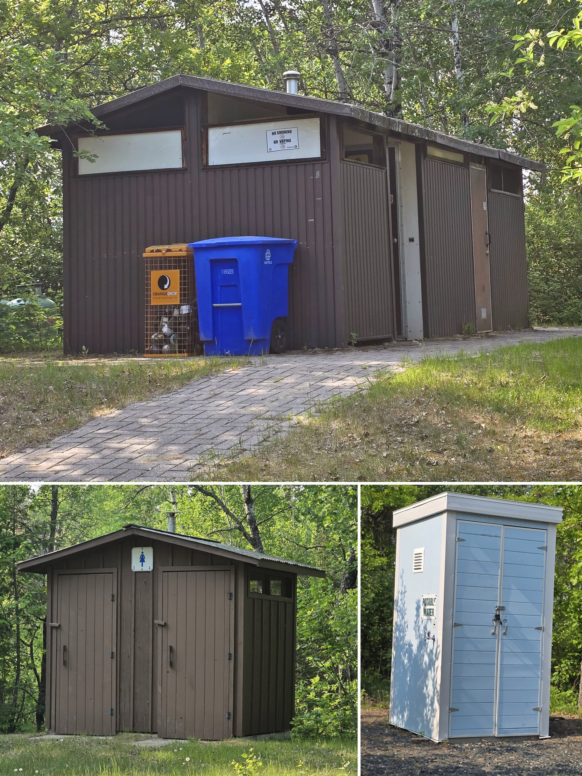 2 part image showing an old comfort station, an outhouse, and a blue wooden box with a tap on it, that says potable water.