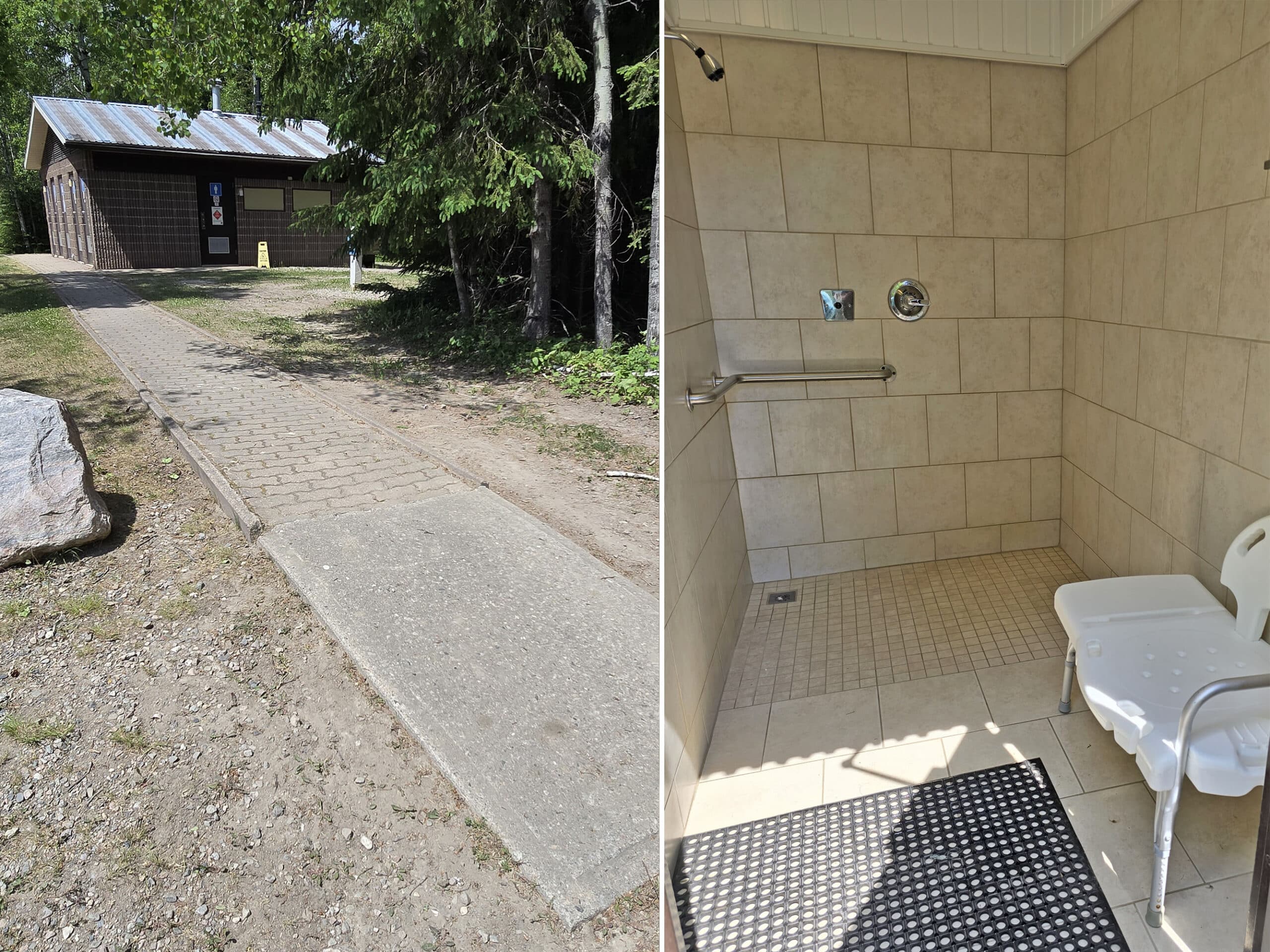 2 part image showing a comfort station with a ramp up to it, and a shower stall with a bench in it.