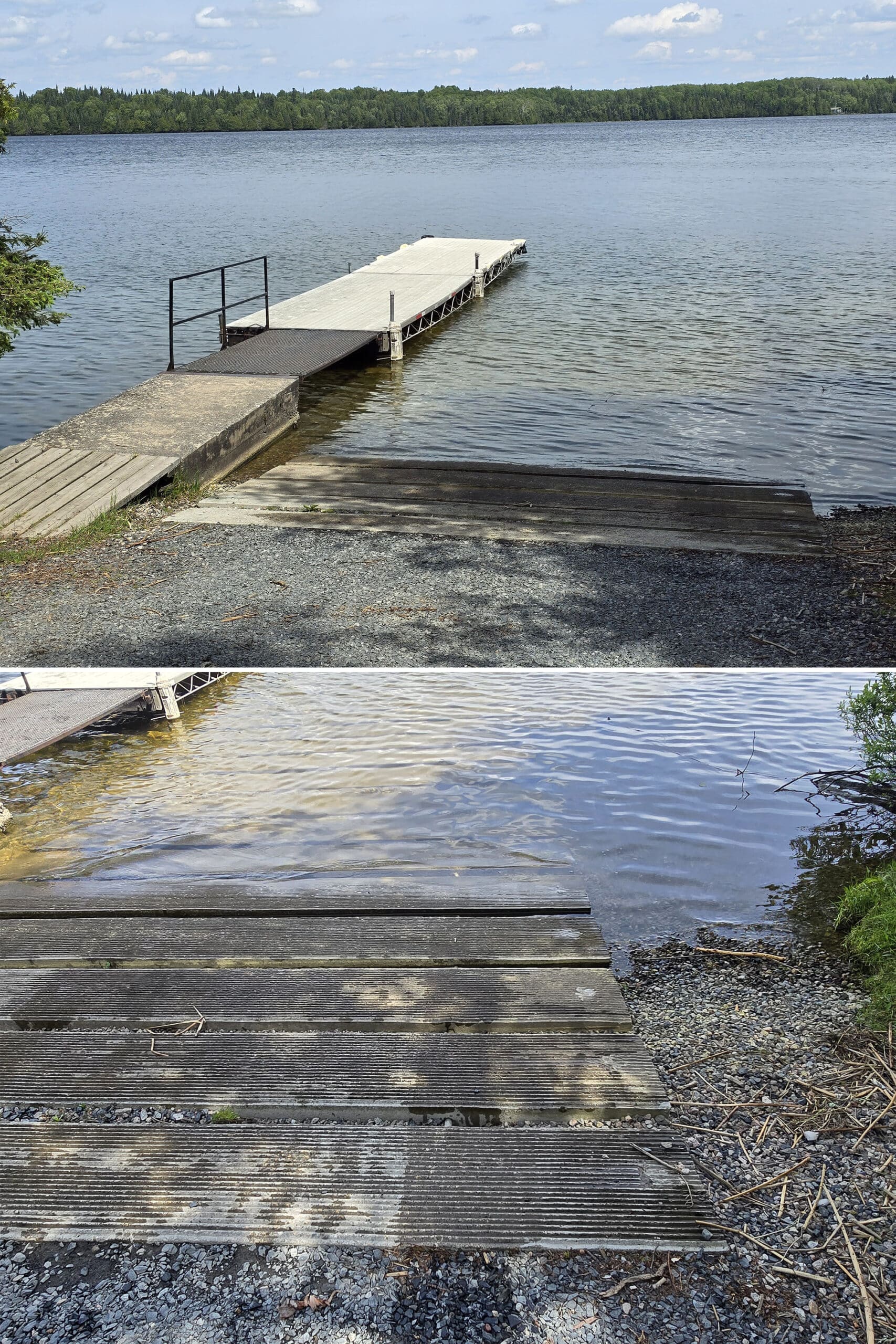 2 part image showing the boat launch at Aaron Provincial Park.