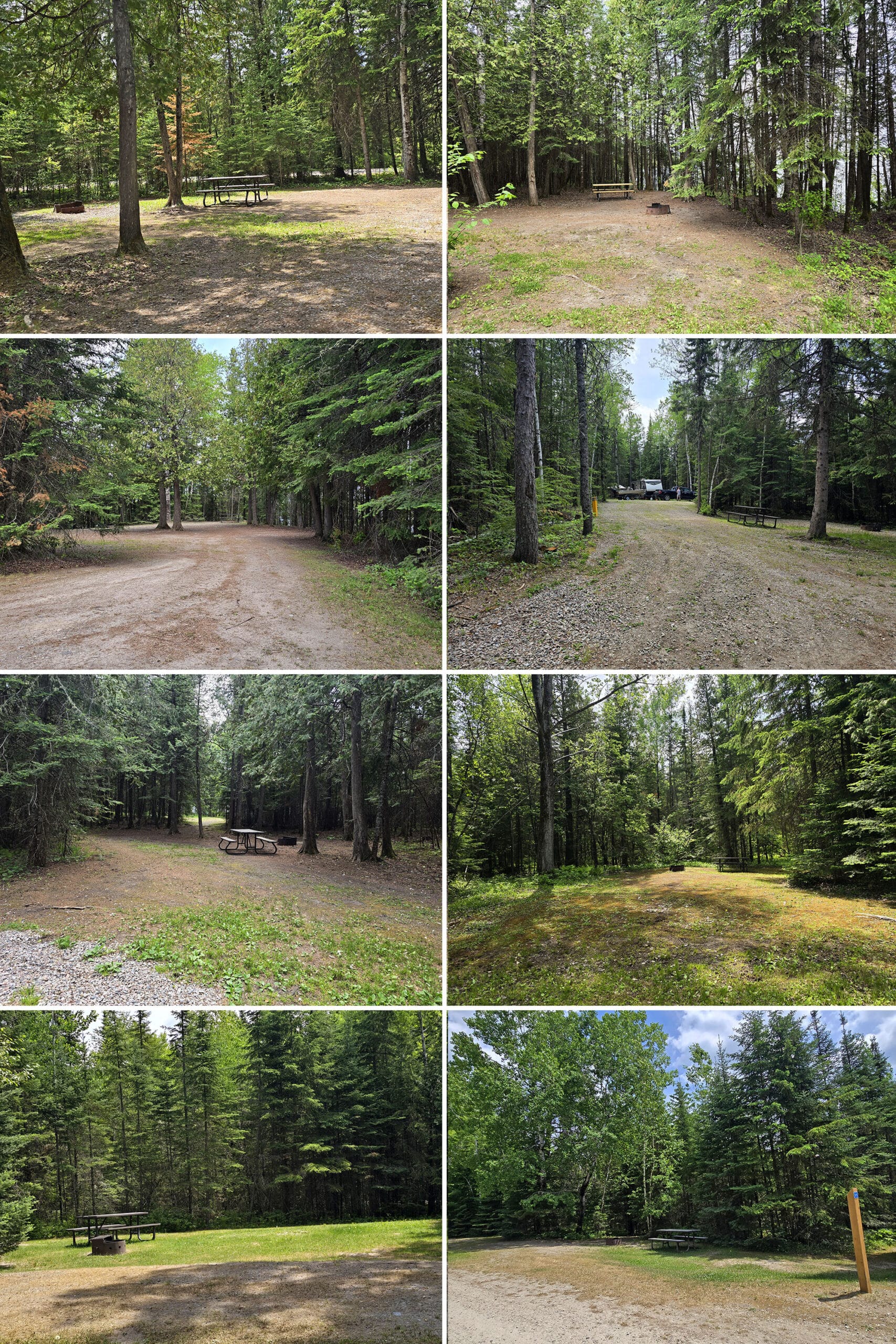 8 part image showing some of the Aaron Provincial Park campsites.