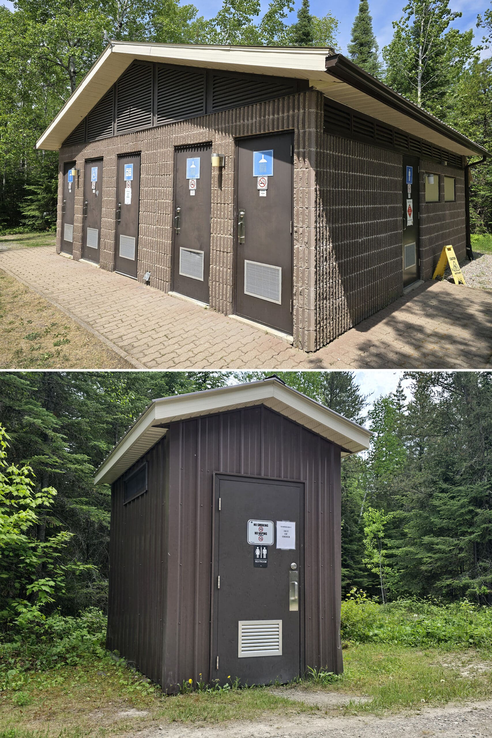 2 part image showing a comfort station and an outhouse.