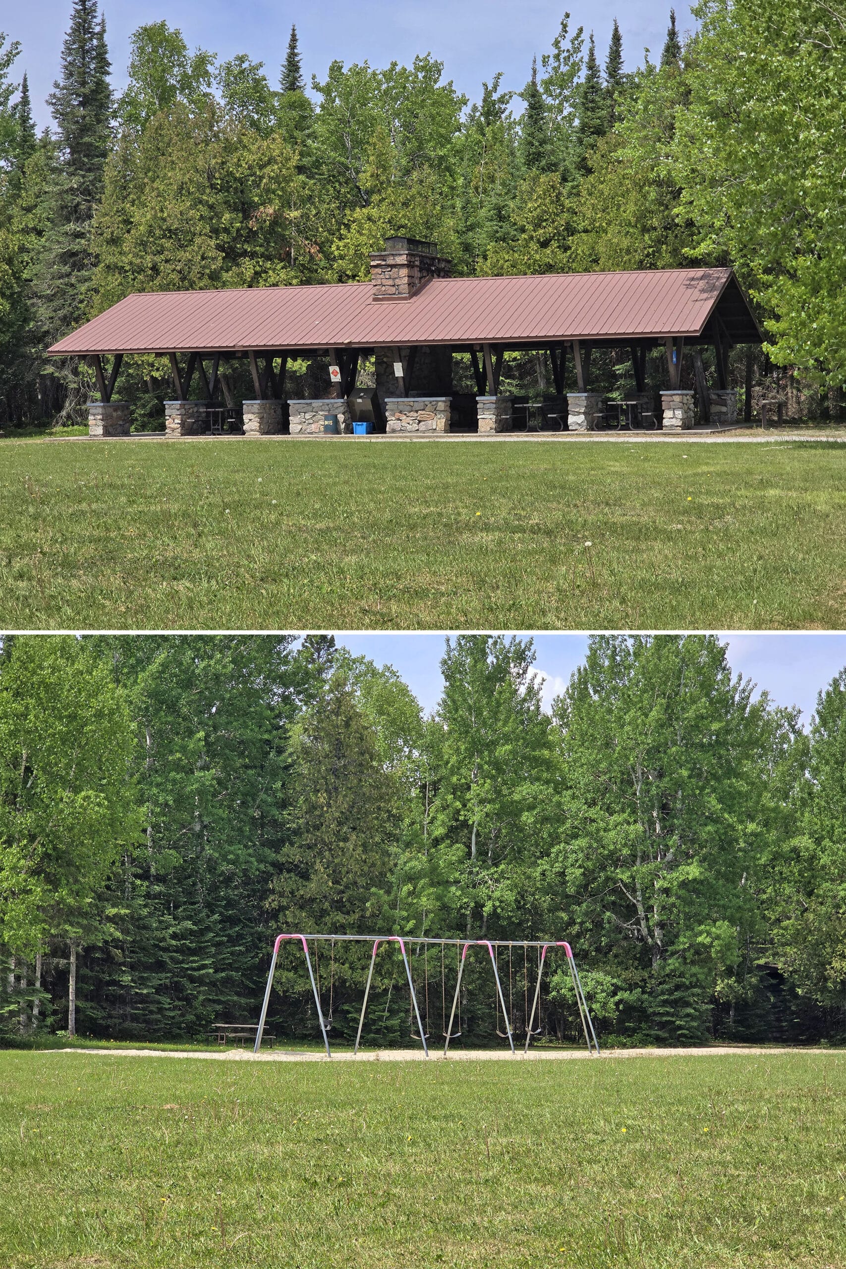2 part image showing a picnic shelter, field, and playground.