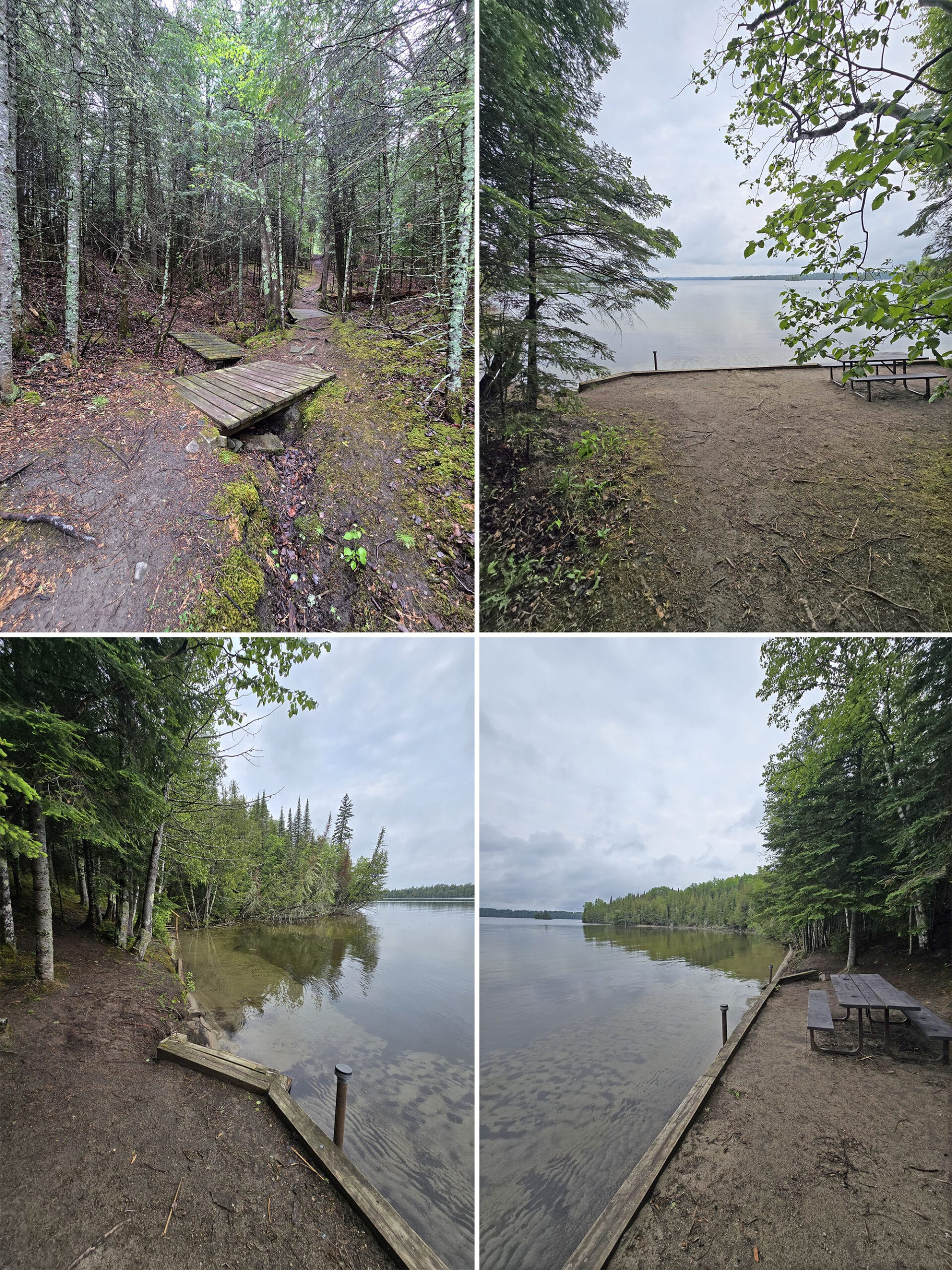 4 part image showing various views of the east beach day use area at Aaron Provincial Park.