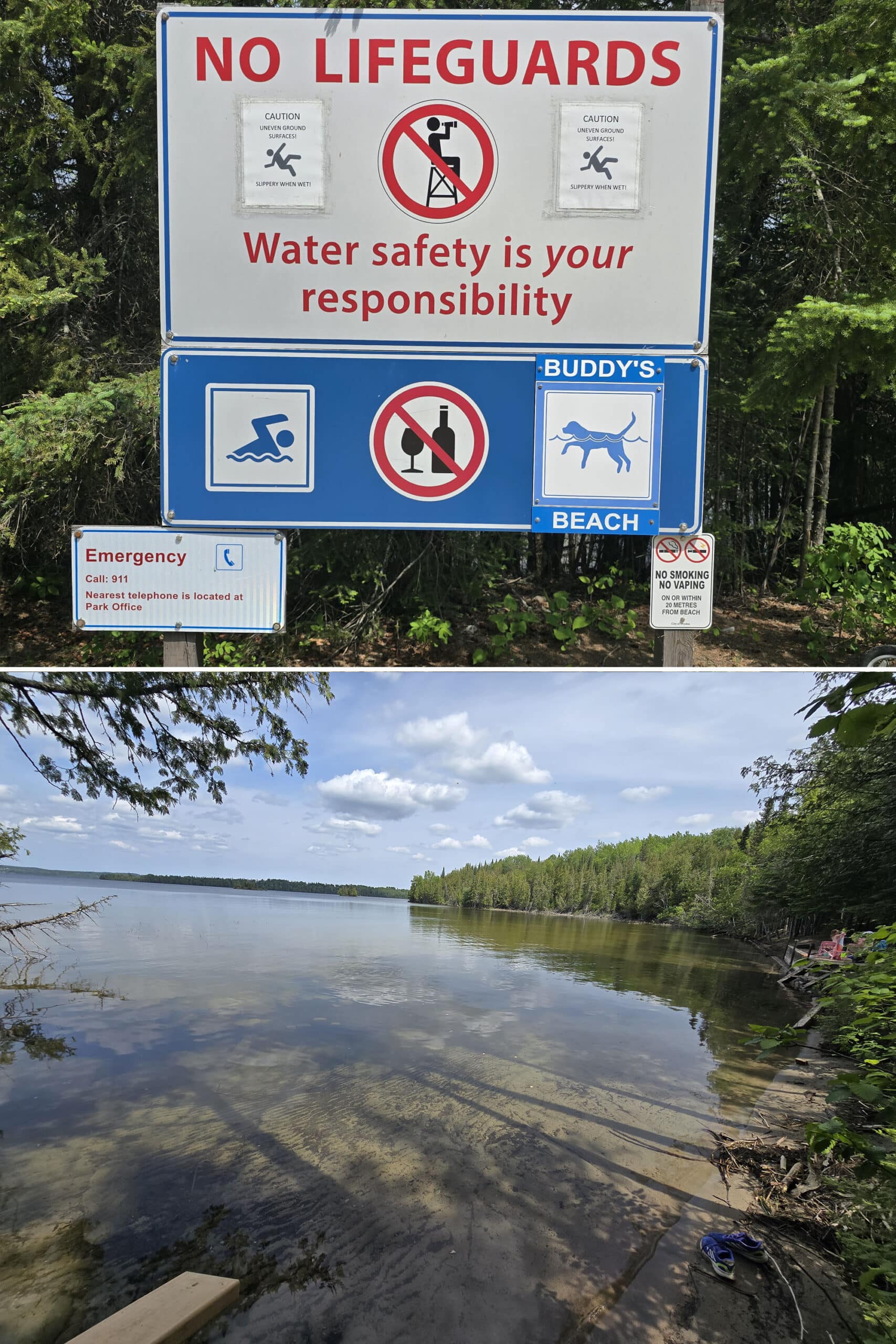 2 part image showing a sign for a dog beach, and a view of the dog beach at Aaron Provincial Park.