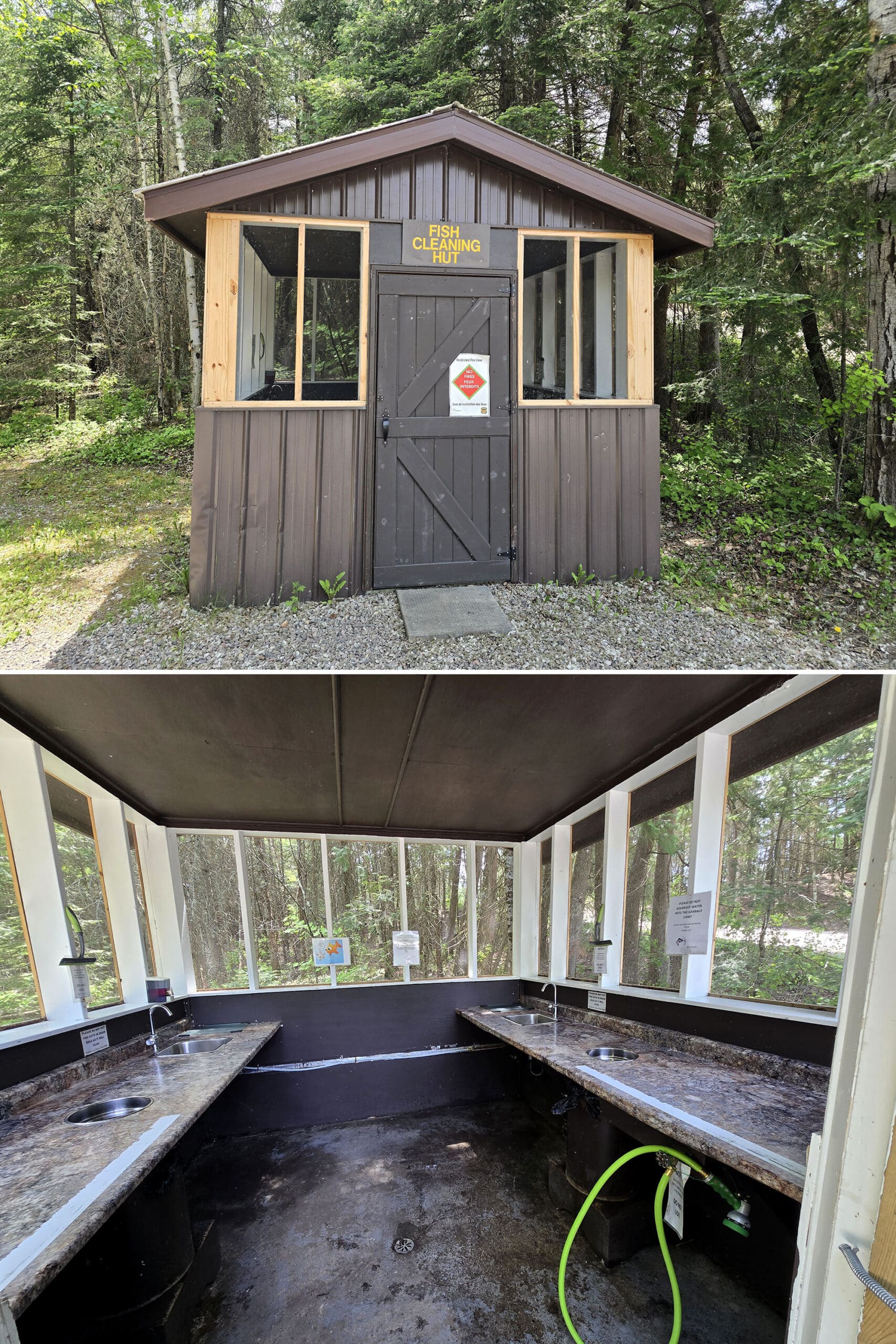 2 part image showing the fish cleaning hut at Aaron Provincial Park.