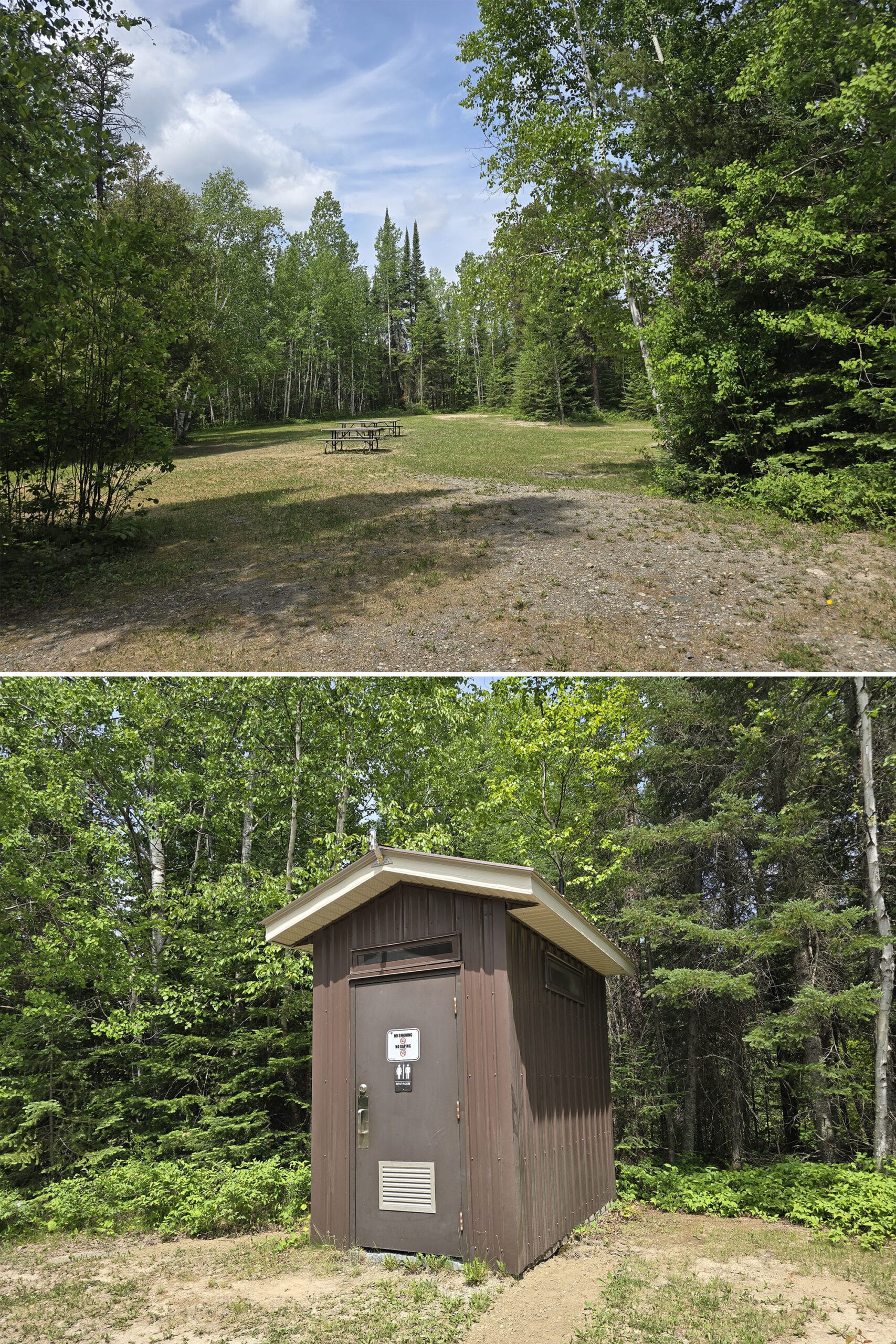 2 part image showing the group campsite at Aaron Provincial Park