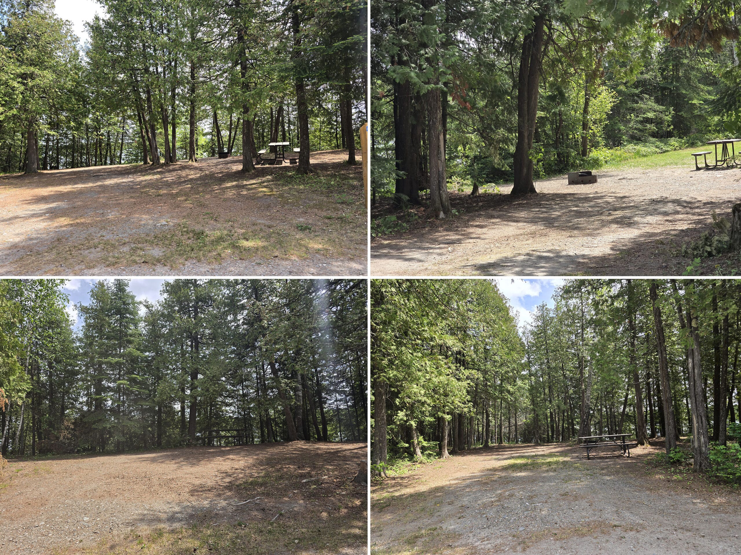 4 part image showing the non-electric sites on the peninsula at Aaron Provincial Park.