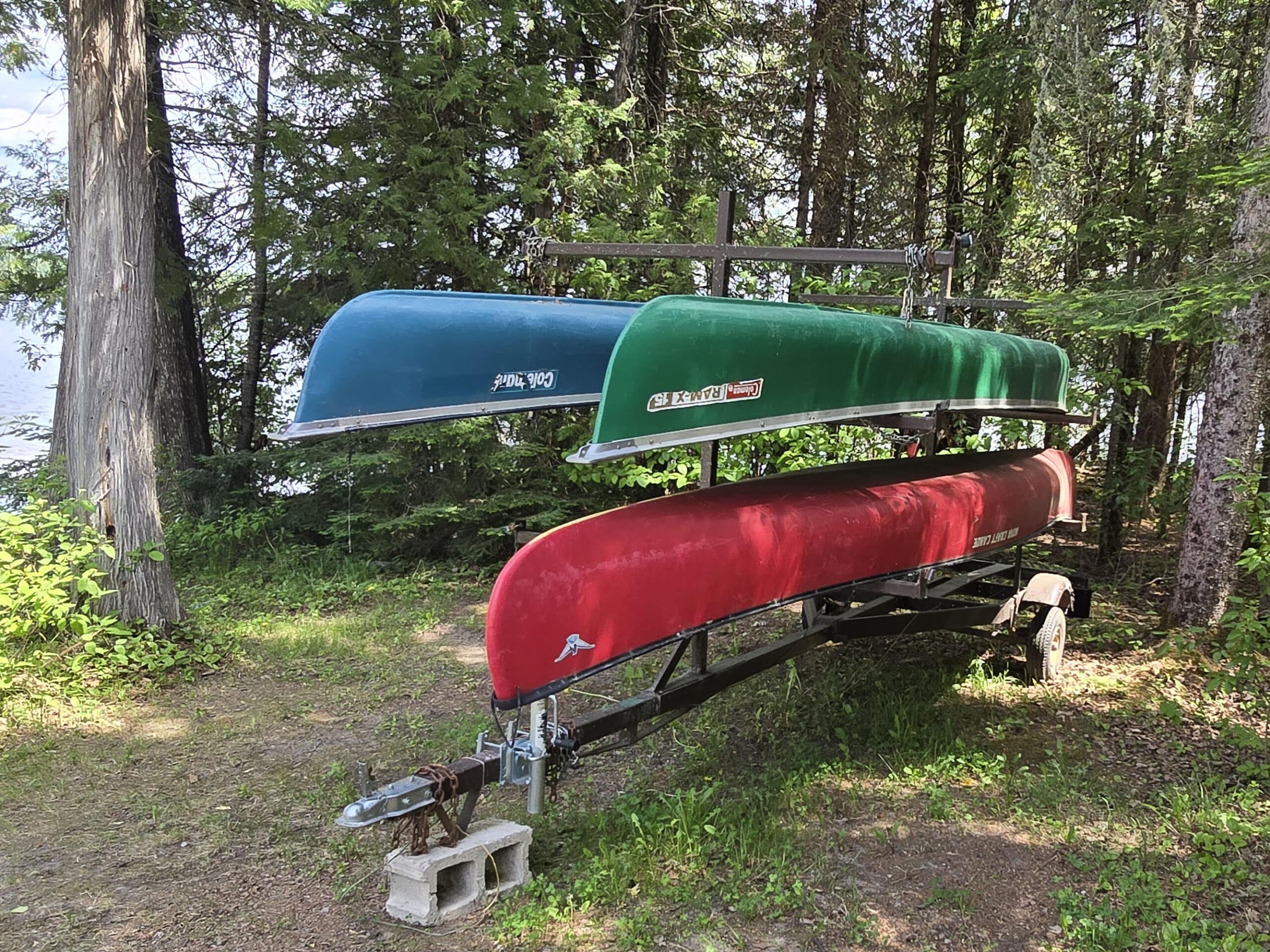 A rack of rental canoes at Aaron Provincial Park.