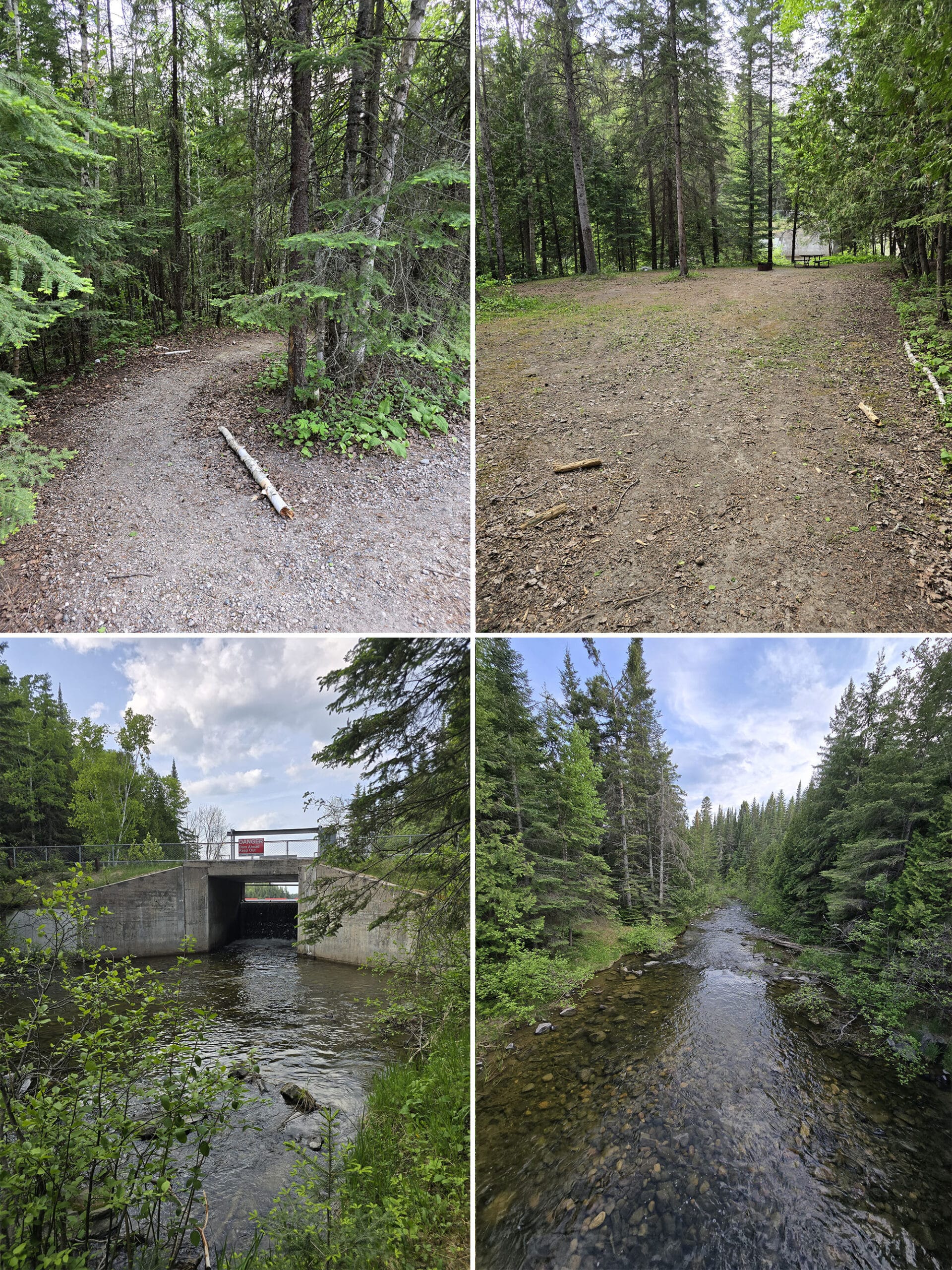 4 part image showing the walk in site at Aaron Provincial Park, along with views of the water from the site.