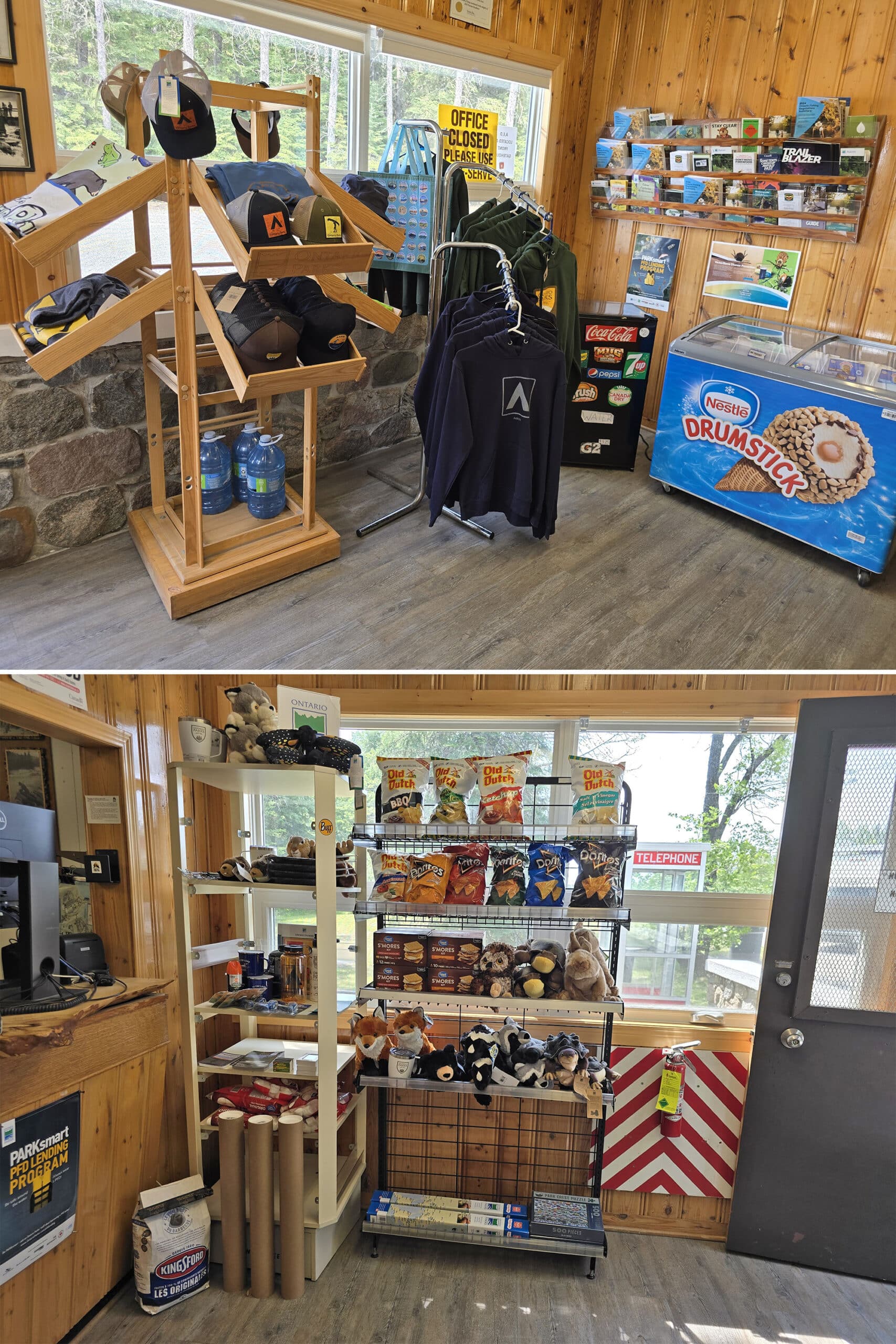2 part image showing the inside of the Aaron Provincial Park store.