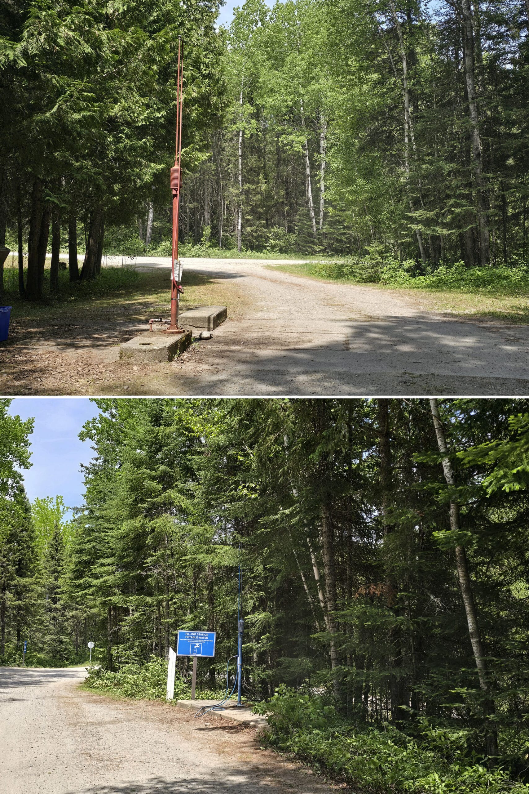 2 part image showing the trailer fill and dump platforms at Aaron Provincial Park.