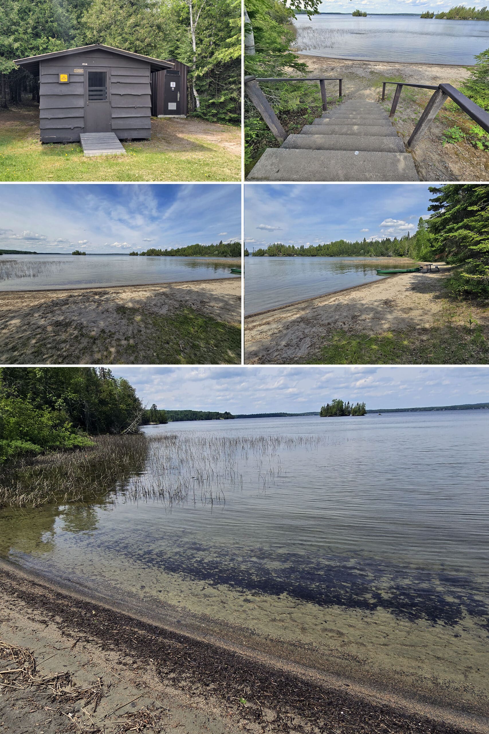 5 part image showing the west beach at Aaron Provincial Park.