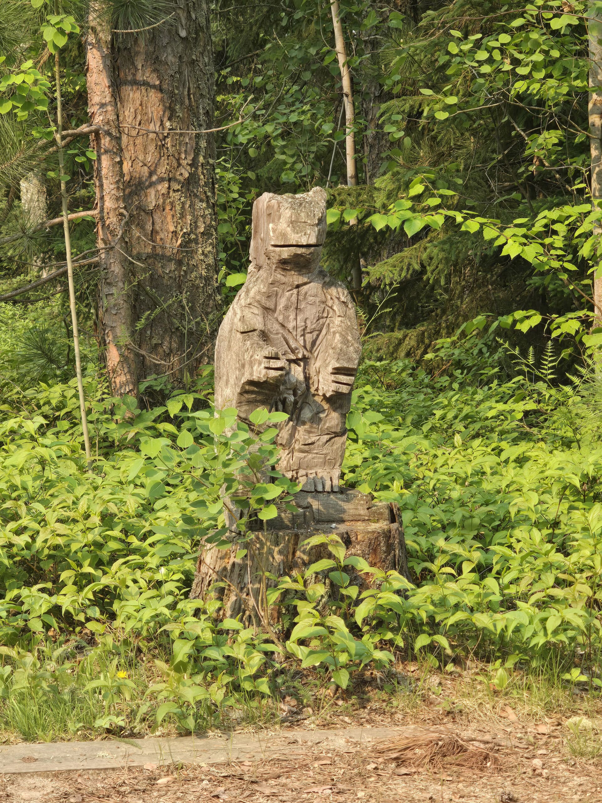A wood carving of a frog in the woods.