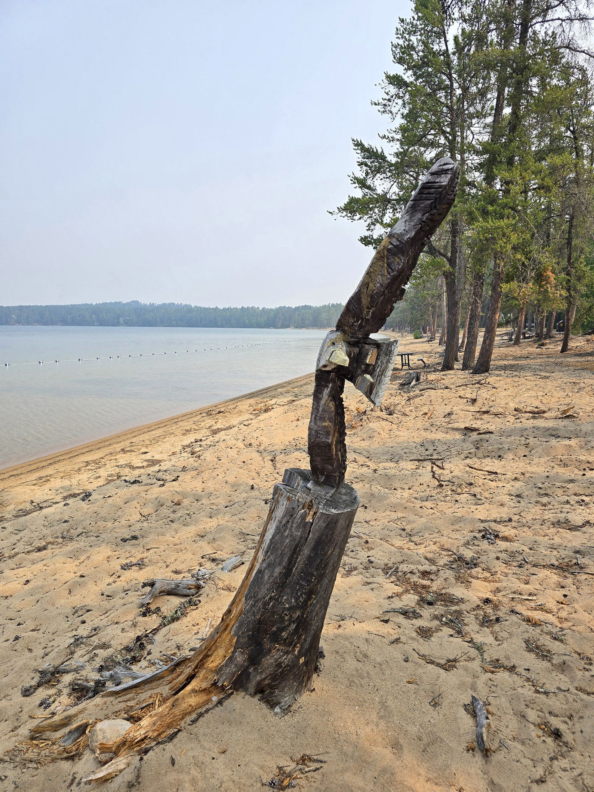 A wood carving of a bald eagle on the beach at Blue Lake Provincial Park.