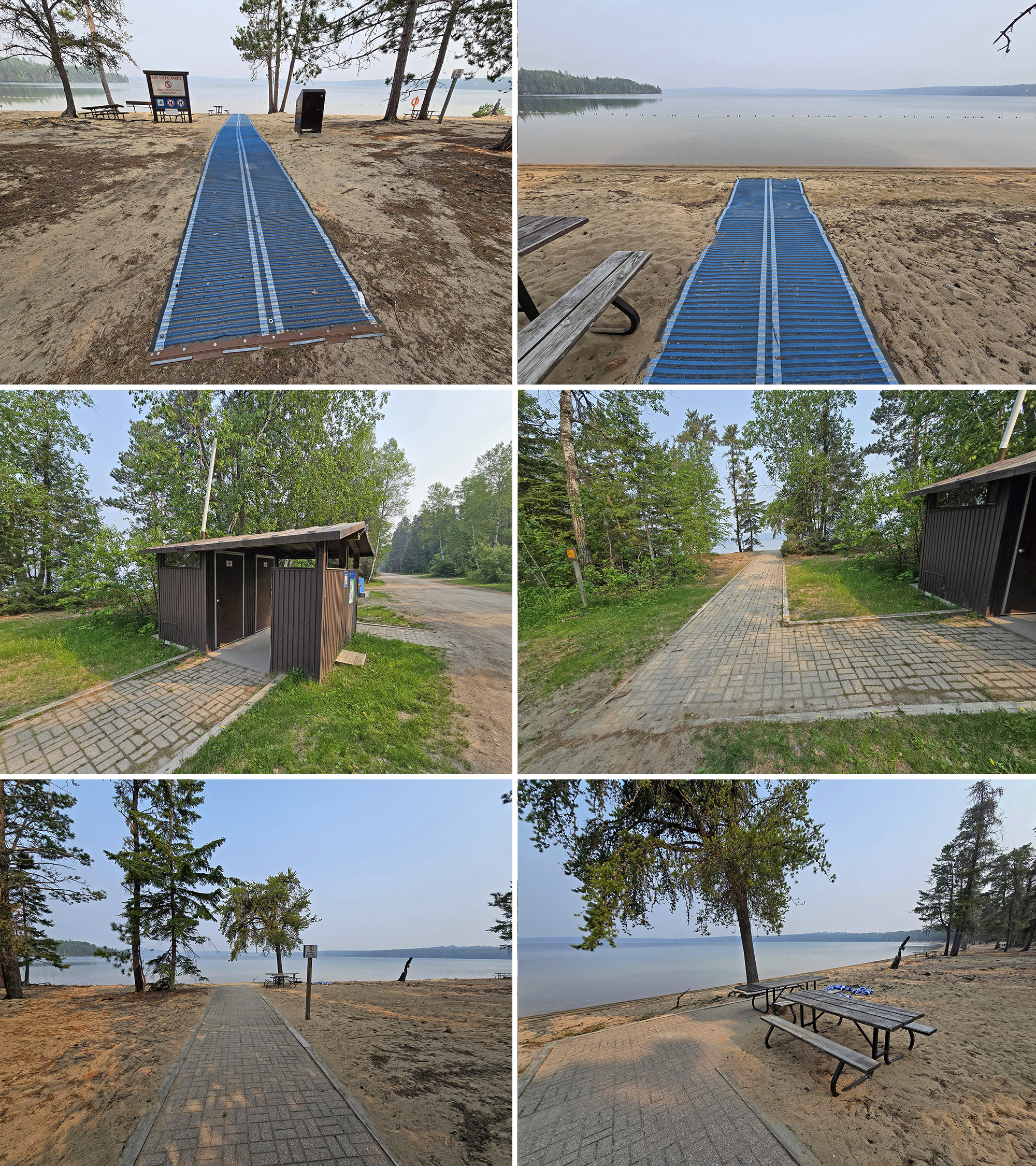 6 part image showing the mobi-mat on the beach, and the accessible picnic table path at Blue Lake Provincial Park.