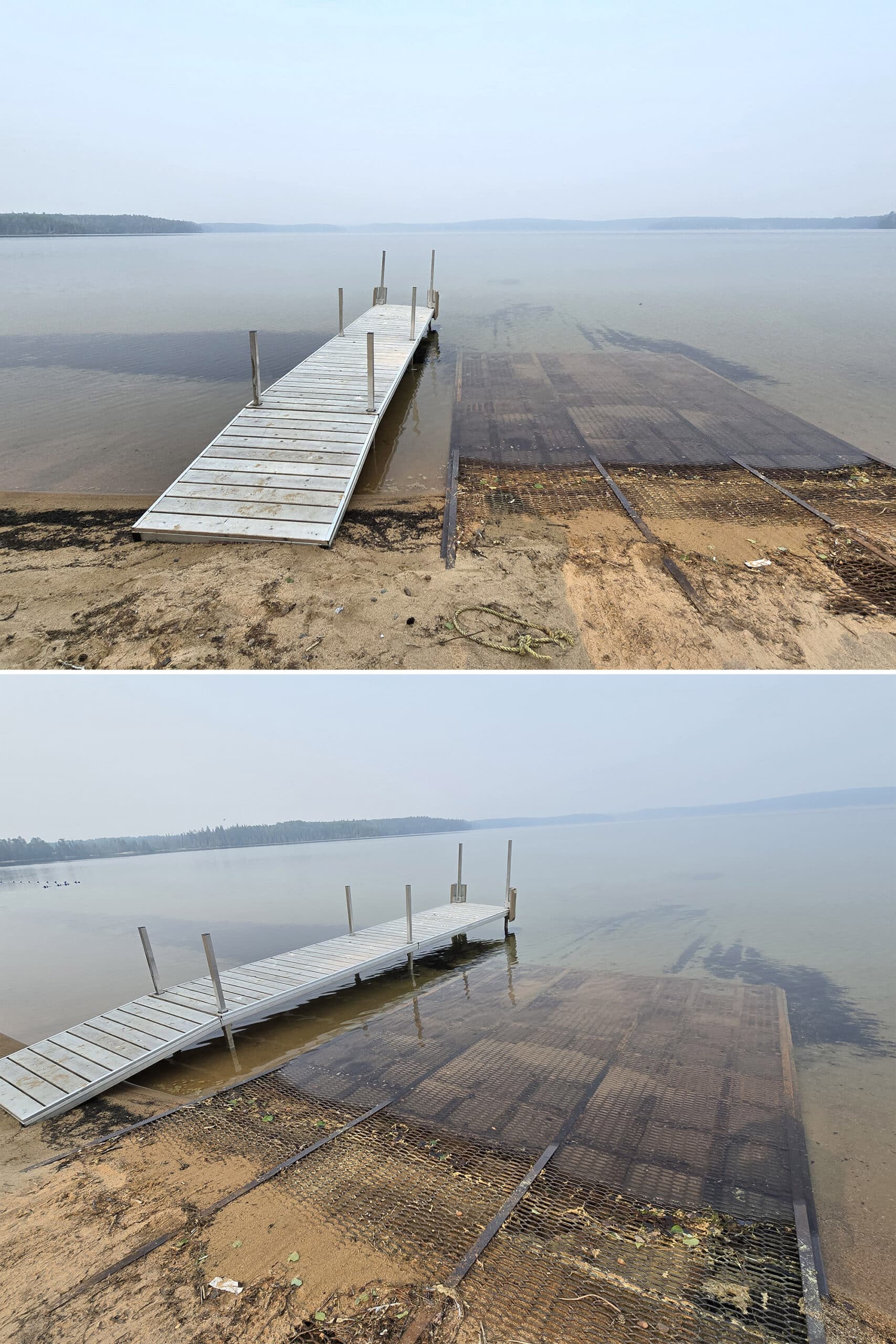 A boat launch  and dock over shallow water at Blue Lake Provincial Park.