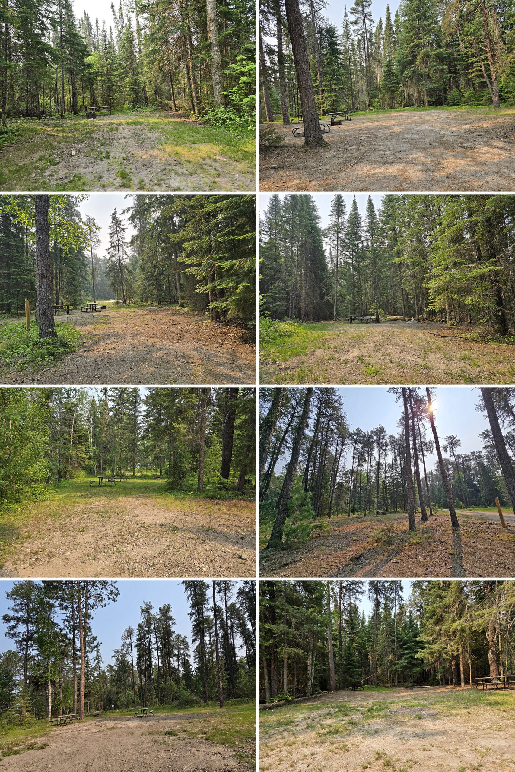 8 part image showing various campsites at Blue Lake Provincial Park.