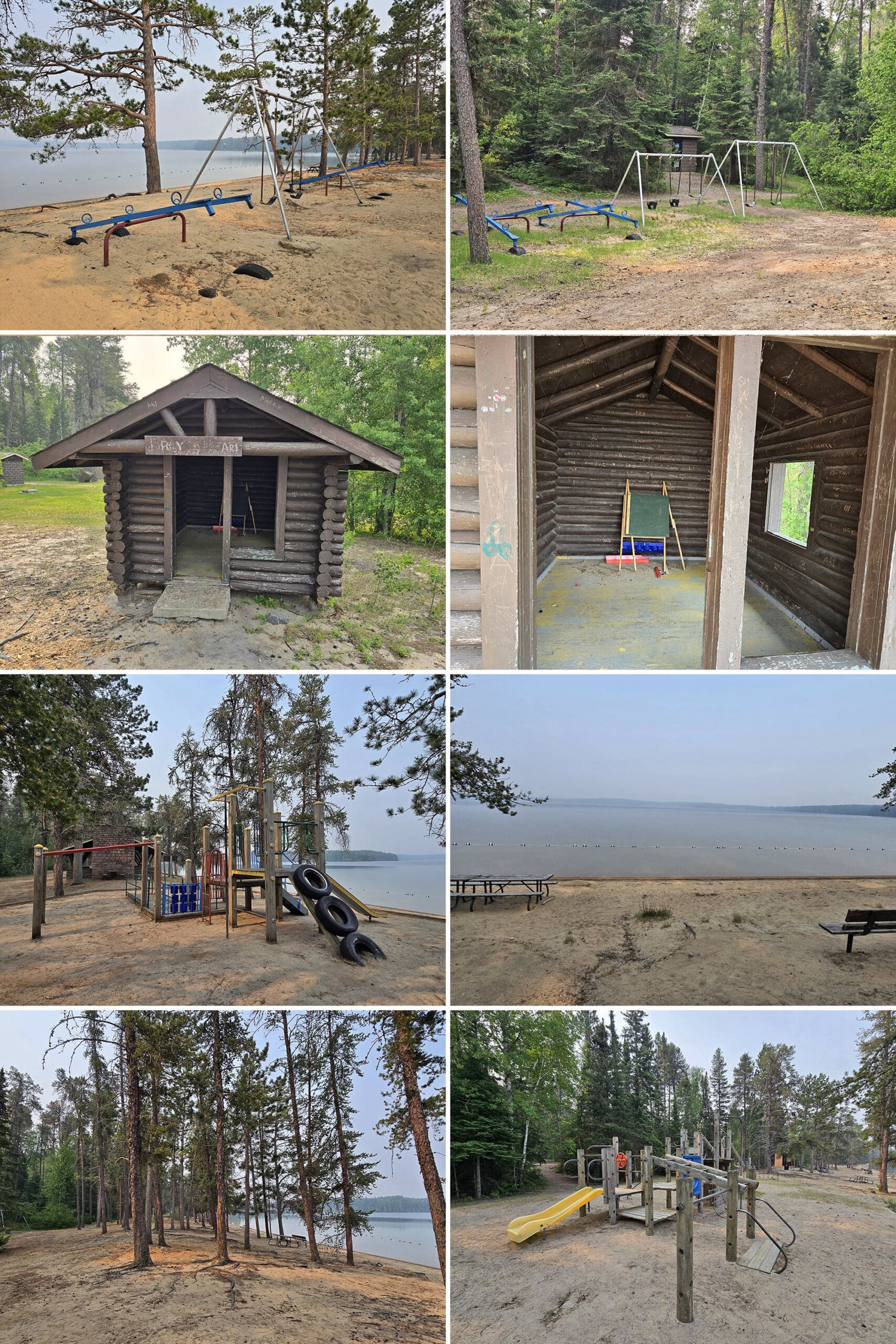 8 part image showing various views of the day use area at Blue Lake Provincial Park.