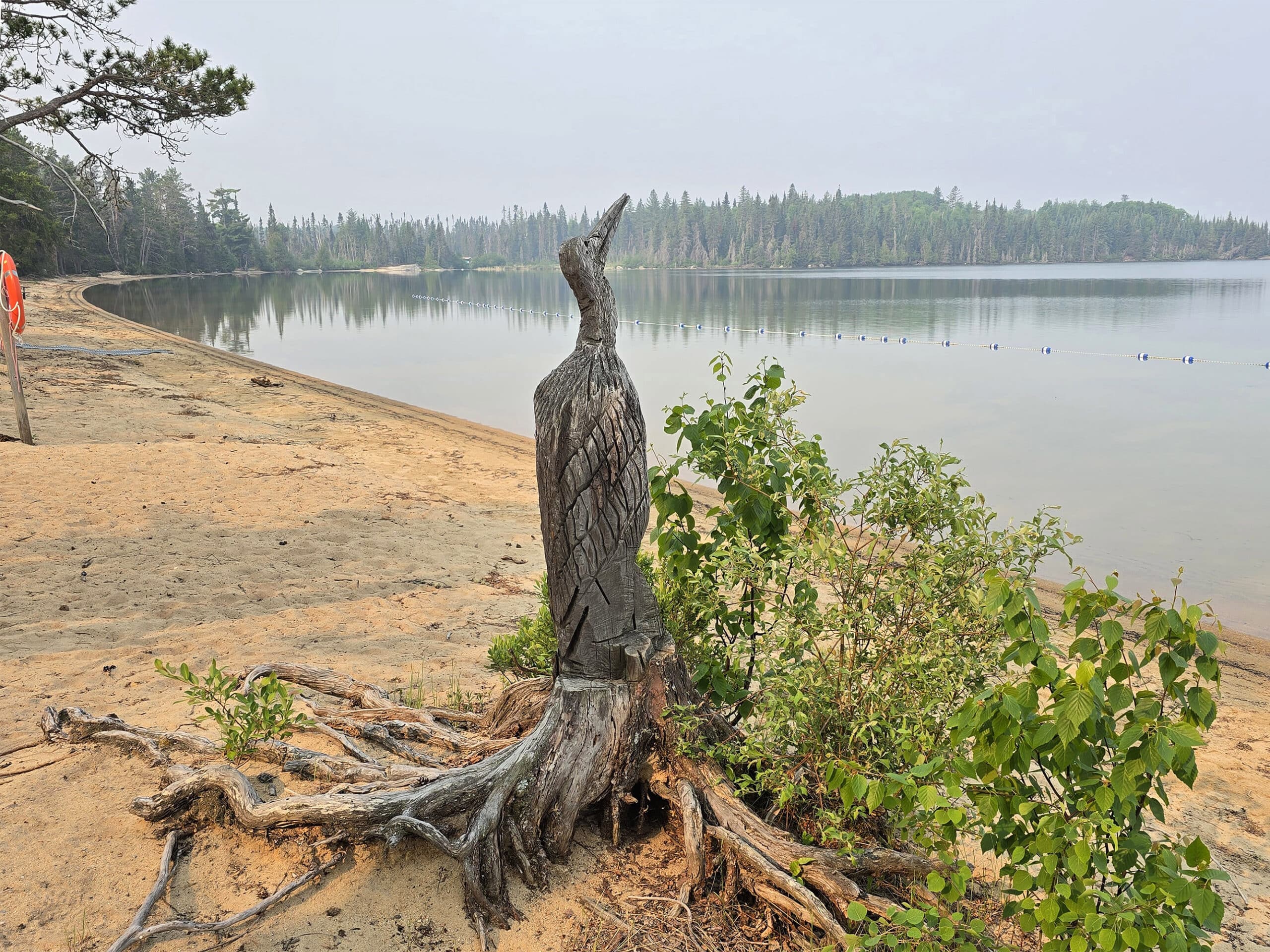 A loon carved out of a tree stump, on the beach at Blue Lake Provincial Park.