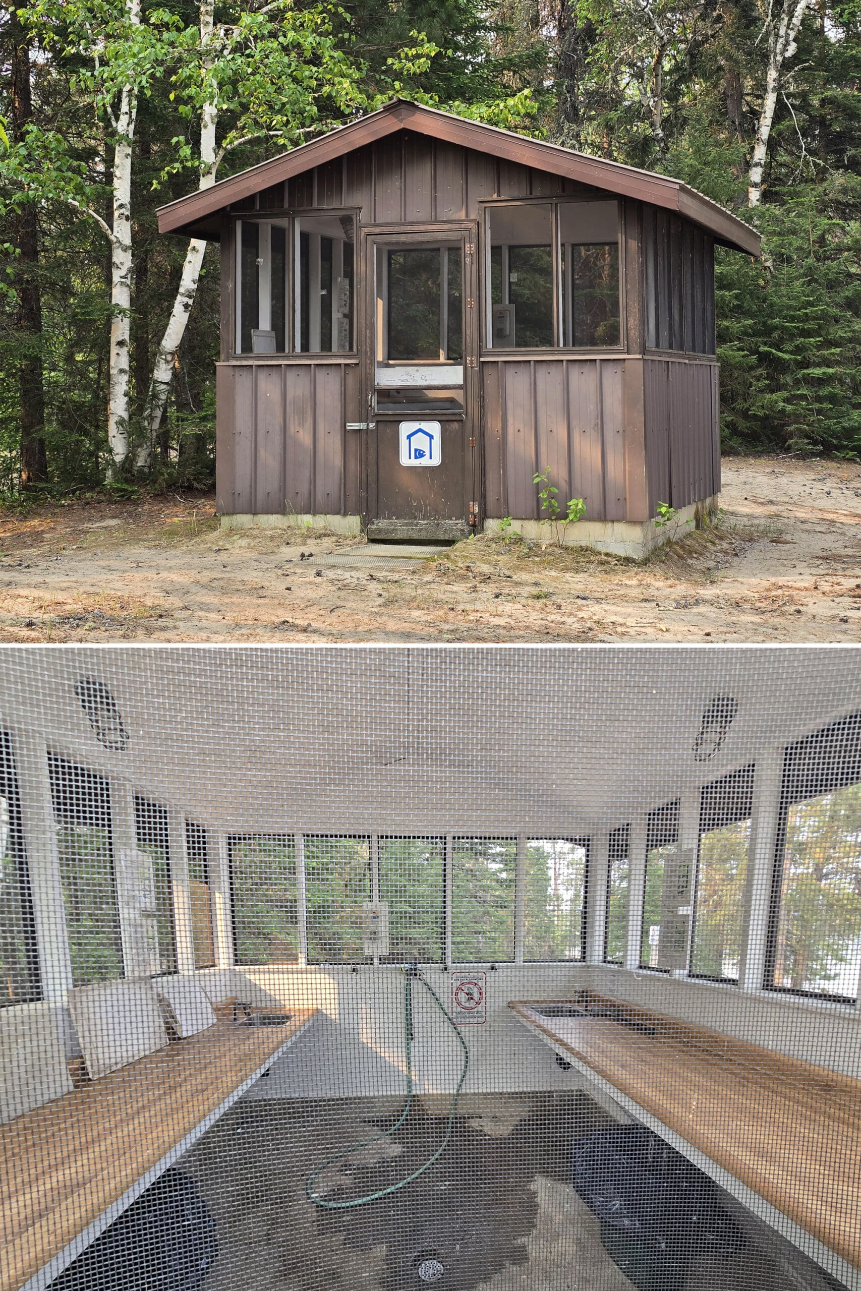 2 part image showing the inside and outside of a fish cleaning hut at Blue Lake Provincial Park.