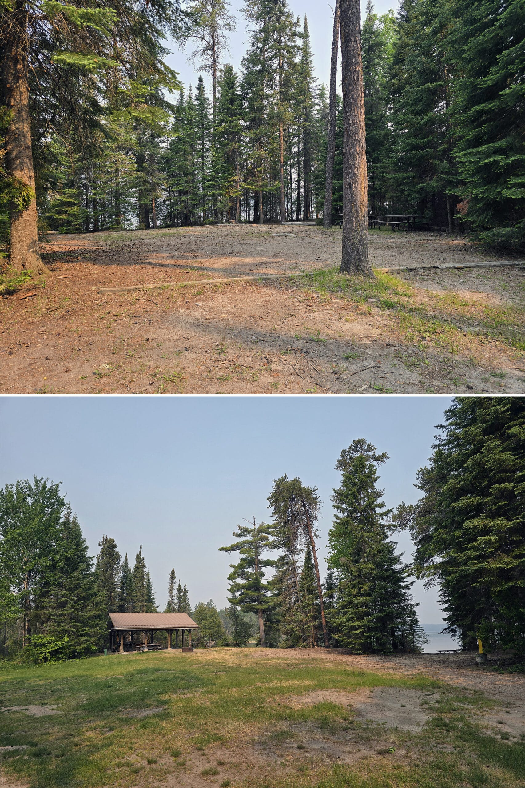 2 part image showing a large group camping site at Blue Lake Provincial Park.