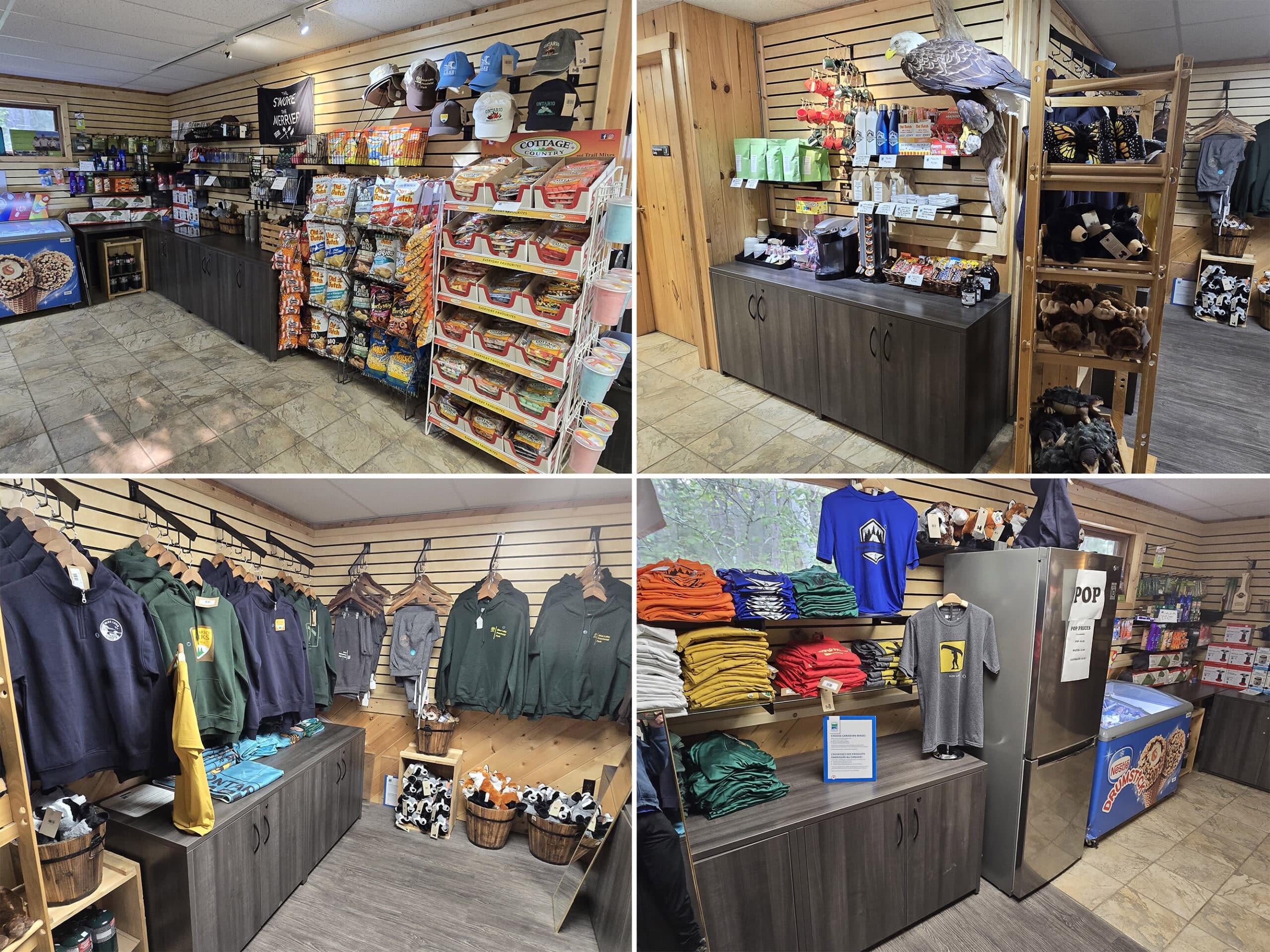 4 part image showing the Blue Lake Provincial Park store.