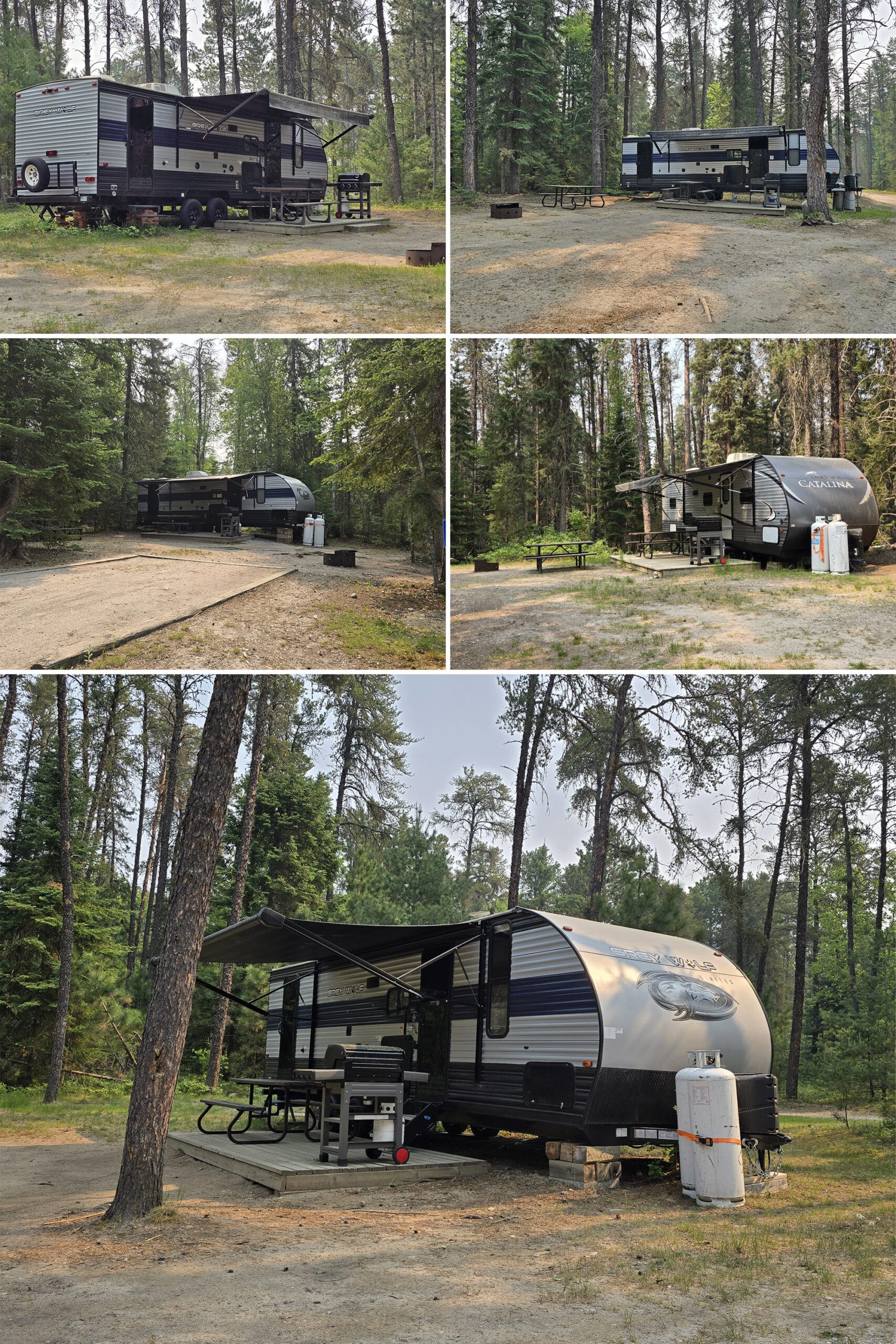 5 part image showing the various travel trailer rental sites at Blue Lake Provincial Park.