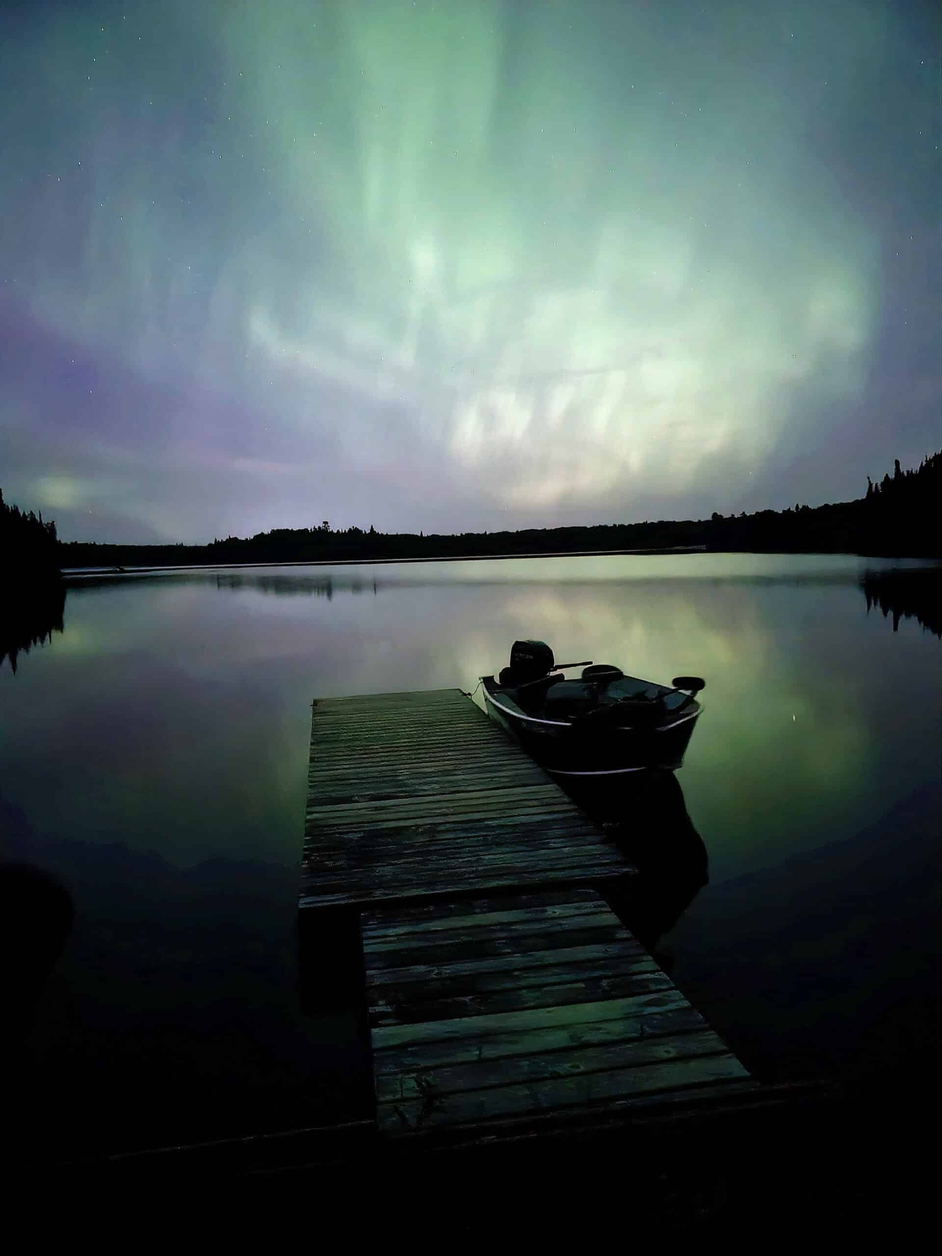 Northern lights over the boat launch at Ojibway Provincial Park.