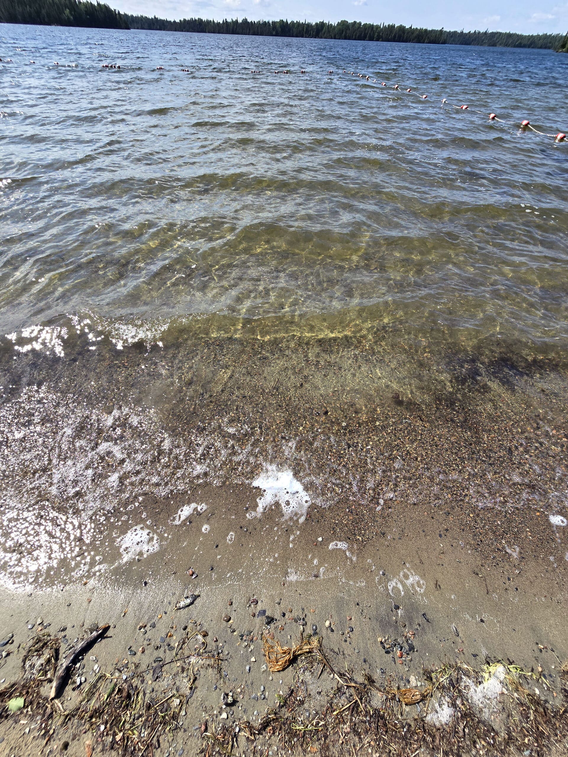 Clean lake water washing up on a beach.